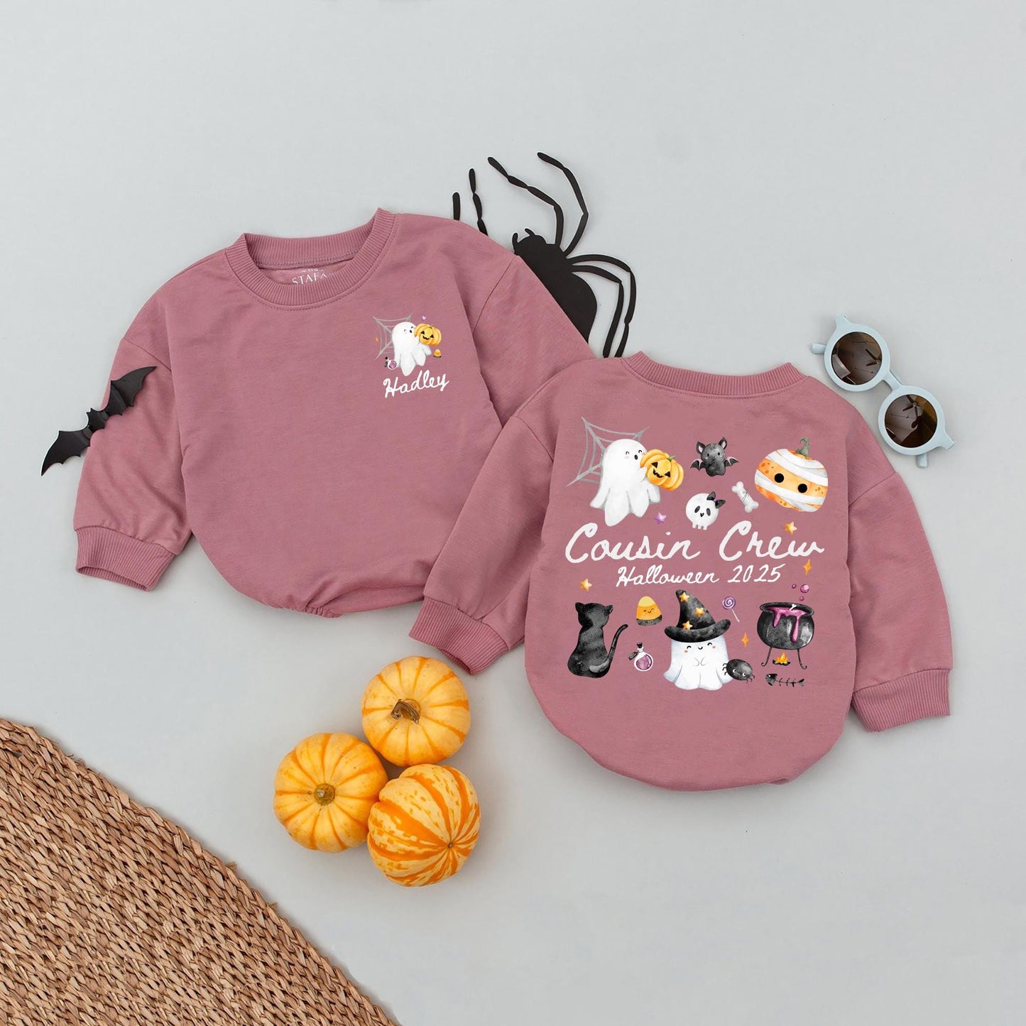 Custom Hadley & Cousin Crew Halloween 2025 Matching Romper Set, Personalized Spooky Season Outfit for Baby and Kids, Cute Ghost & Pumpkin Design 139