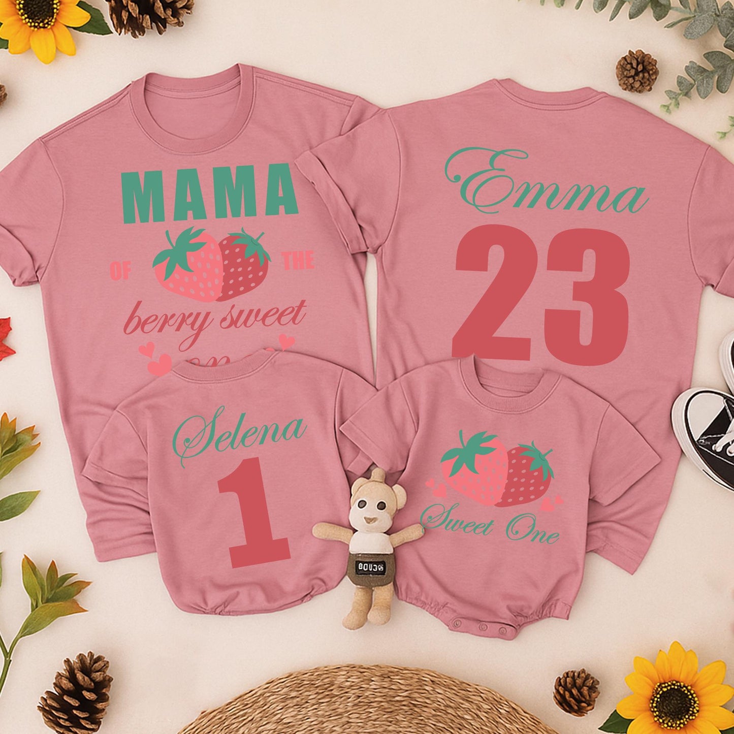 Berry Sweet One Family Birthday Shirts Mama of the Berry Sweet One Matching Outfits Teal Pink Strawberry 1st Birthday Celebration