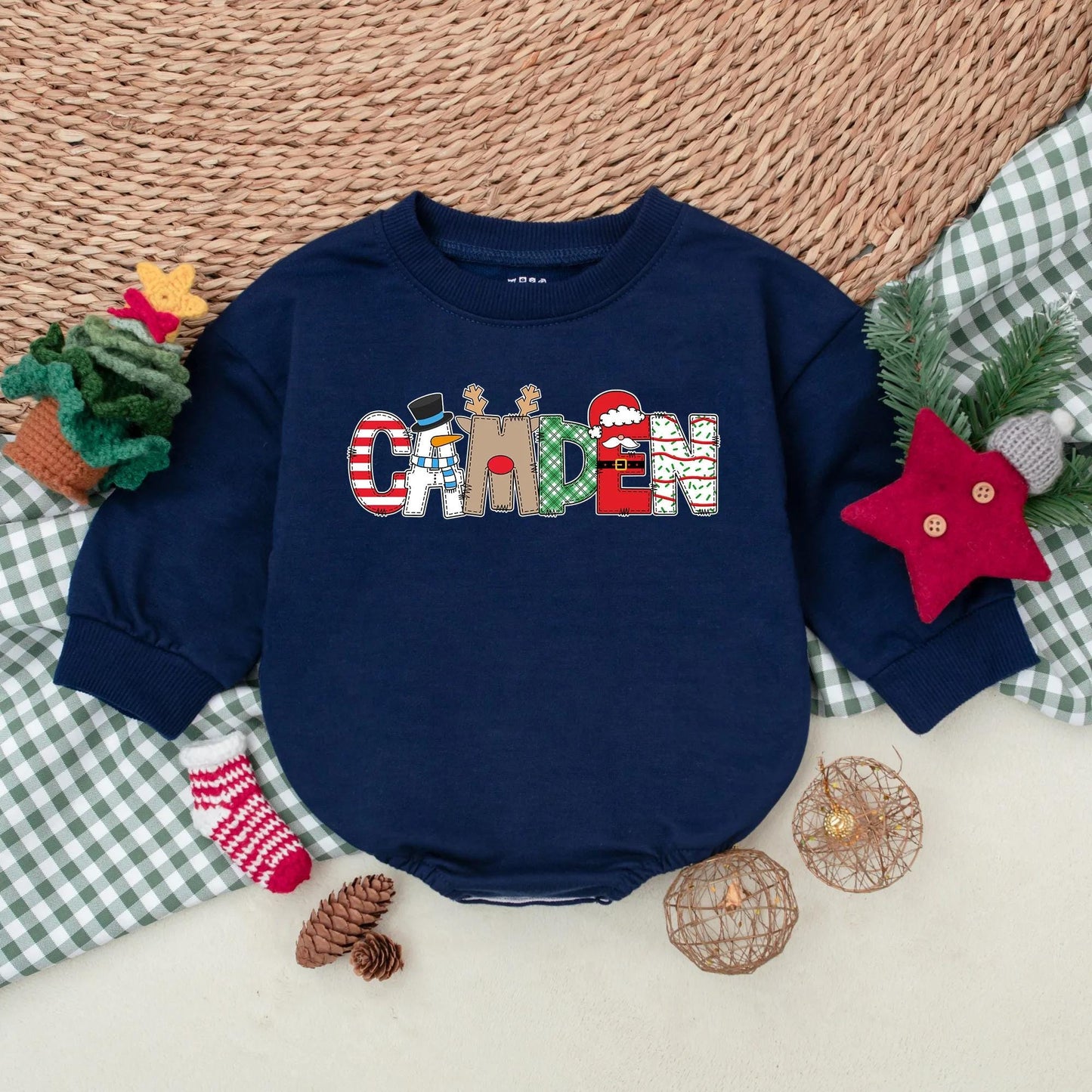 CAMDEN Christmas Baby Bubble Romper - Personalized First Christmas Bodysuit, Festive Winter Baby Clothes, Holiday Gift