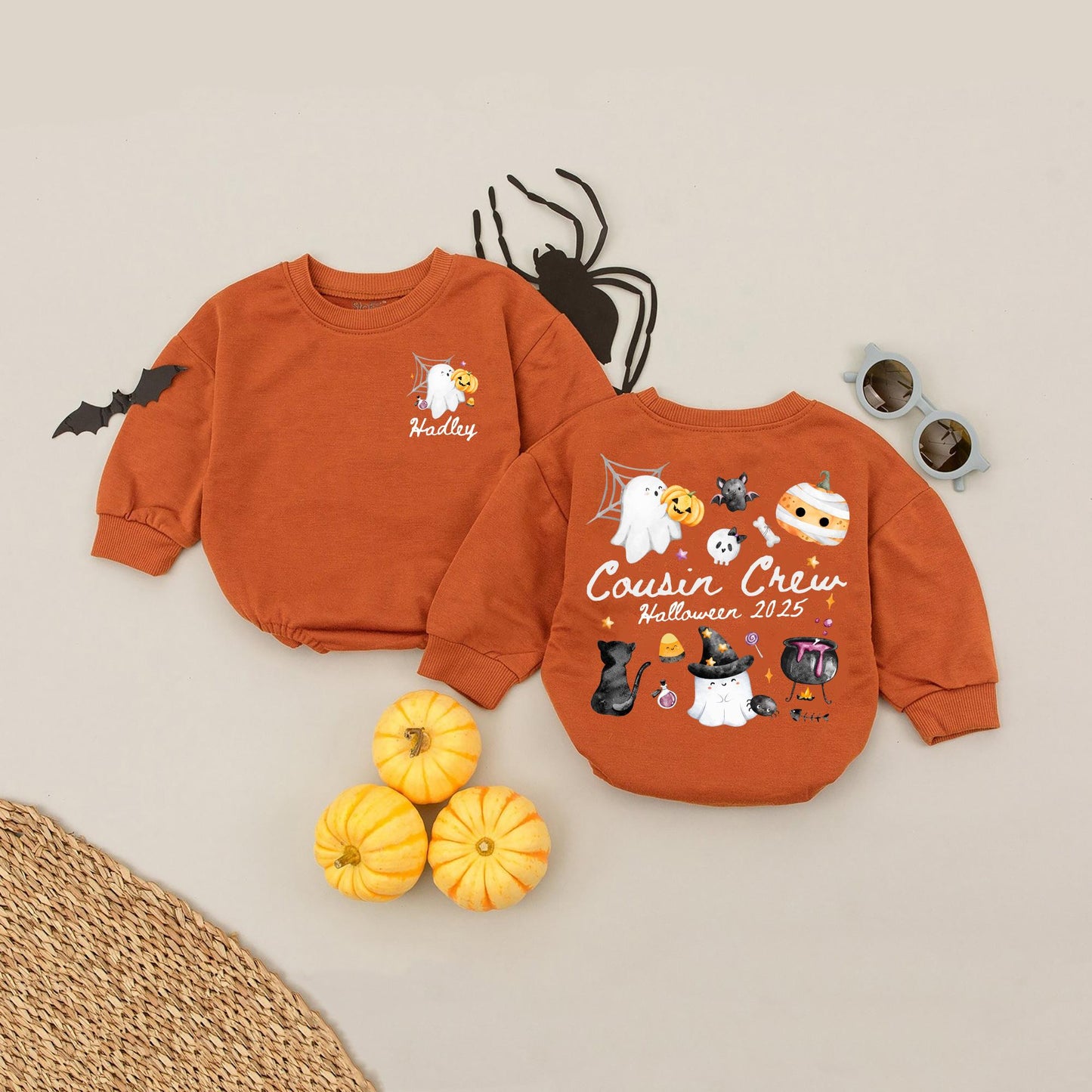 Custom Hadley & Cousin Crew Halloween 2025 Matching Romper Set, Personalized Spooky Season Outfit for Baby and Kids, Cute Ghost & Pumpkin Design 139