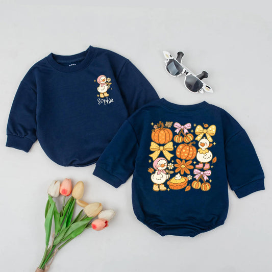 Custom Name Sophia Fall Goose Baby Romper Preppy Pumpkin Thanksgiving Outfit Playful Pink Bow Yellow Star Infant Bodysuit Cozy Newborn Shower Gift
