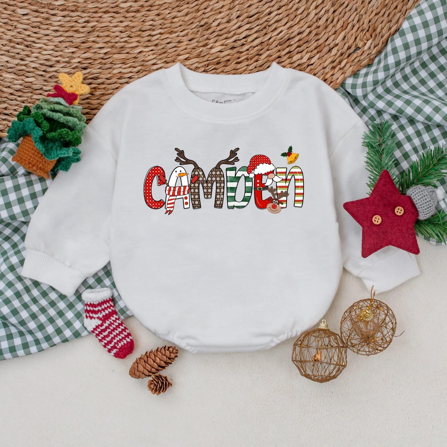 Custom Camden Christmas Romper Outfit Baby Boy My First Christmas Bodysuit Holiday Toddler Sweatshirt Winter Gift Personalized Name Festive Xmas Clothes