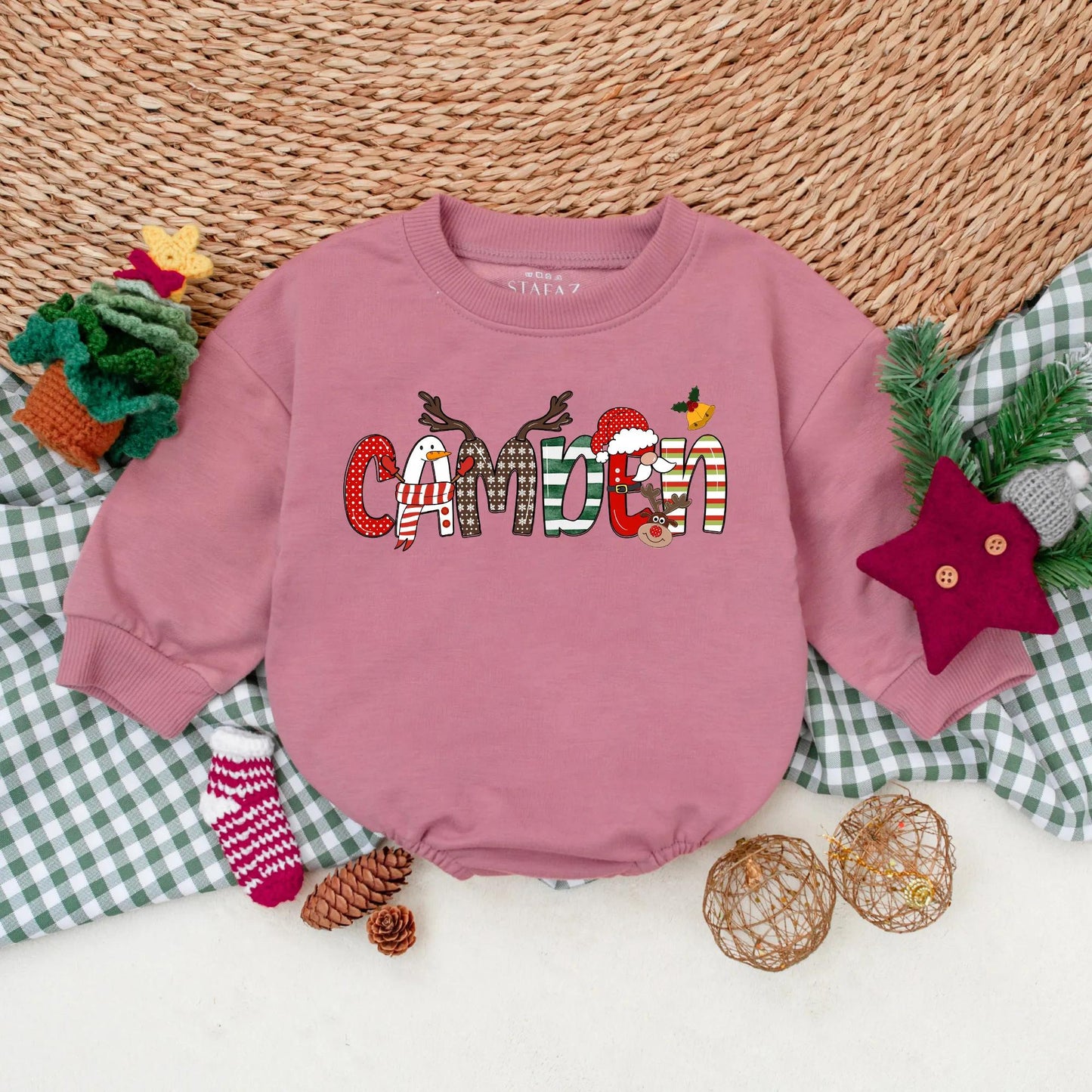 Custom Camden Christmas Romper Outfit Baby Boy My First Christmas Bodysuit Holiday Toddler Sweatshirt Winter Gift Personalized Name Festive Xmas Clothes