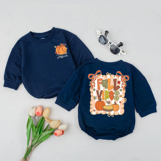 Personalized Fall Vibes Baby Girl Romper, Pumpkin & Bow Newborn Outfit, Custom Thanksgiving Bodysuit, 'Jessica' Fall Leaves Design, Baby Shower Gift