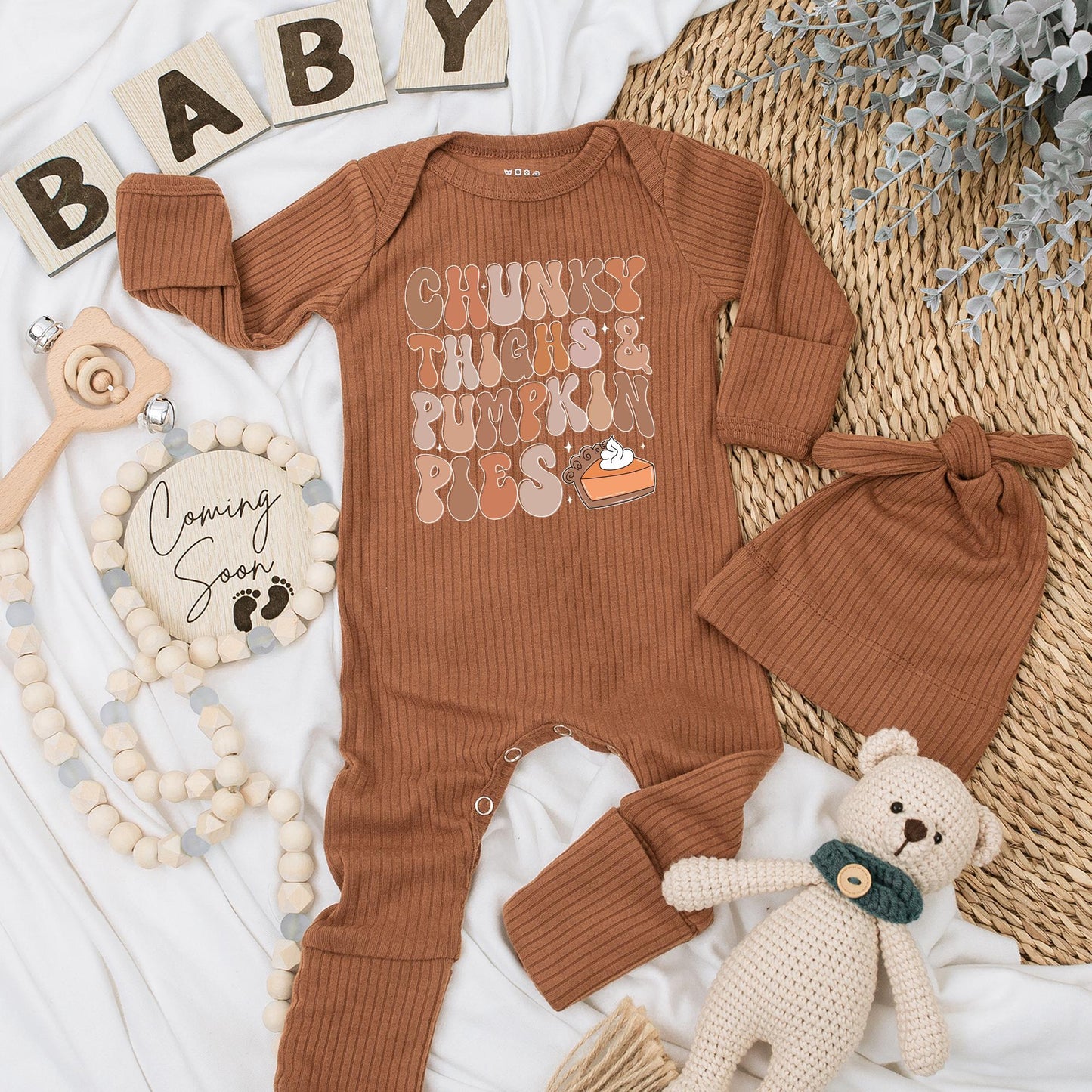 Chunky Thighs & Pumpkin Pies Baby Bodysuit, Retro Fall Autumn Newborn Outfit, Warm Festive Pumpkin Pie Thanksgiving Baby Shower Gift Idea