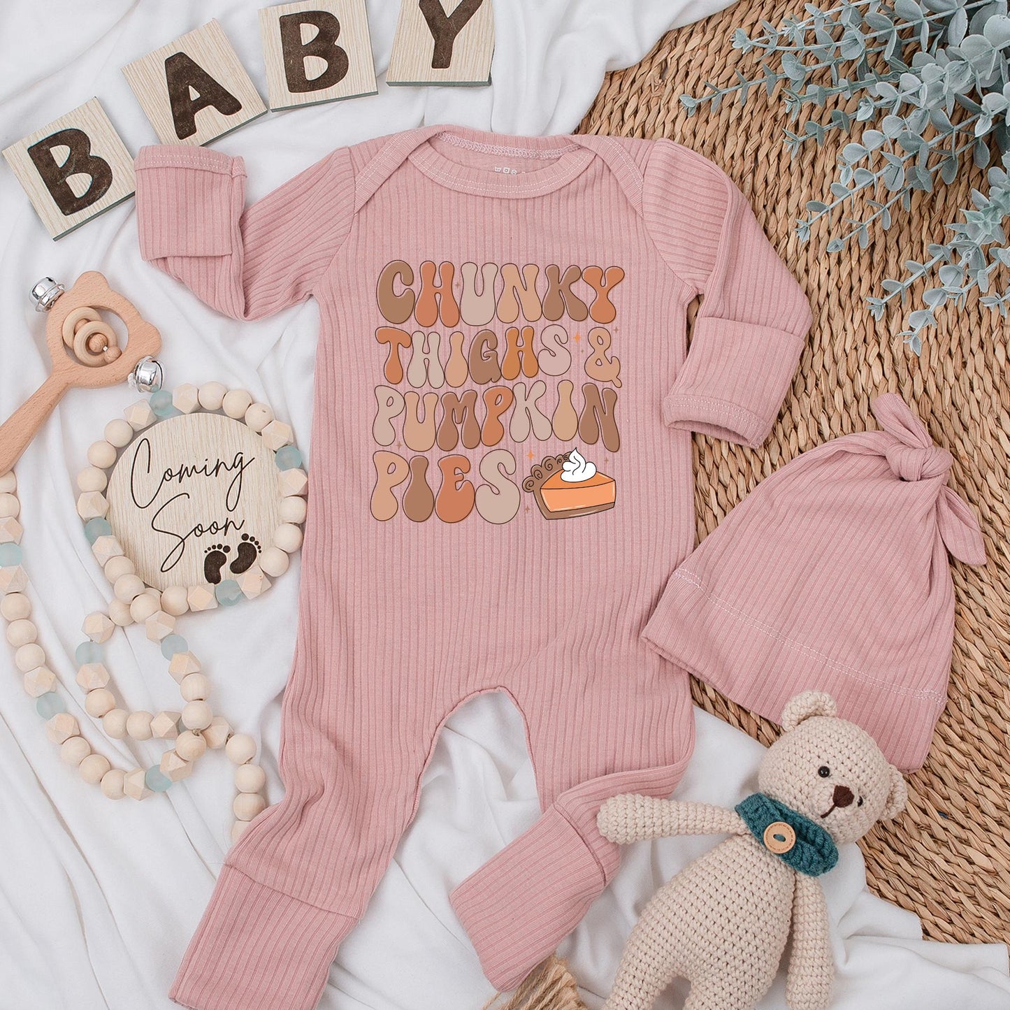 Chunky Thighs & Pumpkin Pies Baby Bodysuit, Retro Fall Autumn Newborn Outfit, Warm Festive Pumpkin Pie Thanksgiving Baby Shower Gift Idea