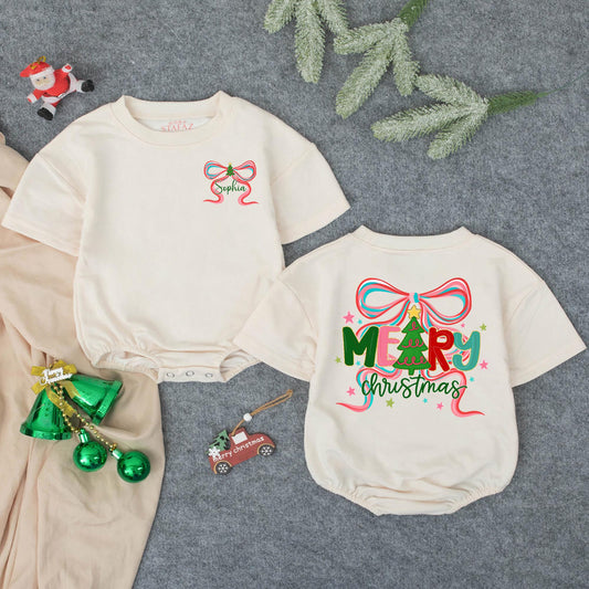 Personalized Baby Girl Christmas Bubble Romper, Festive Tree Outfit for First Christmas, Sophia's Gift, Merry Christmas Star Accents