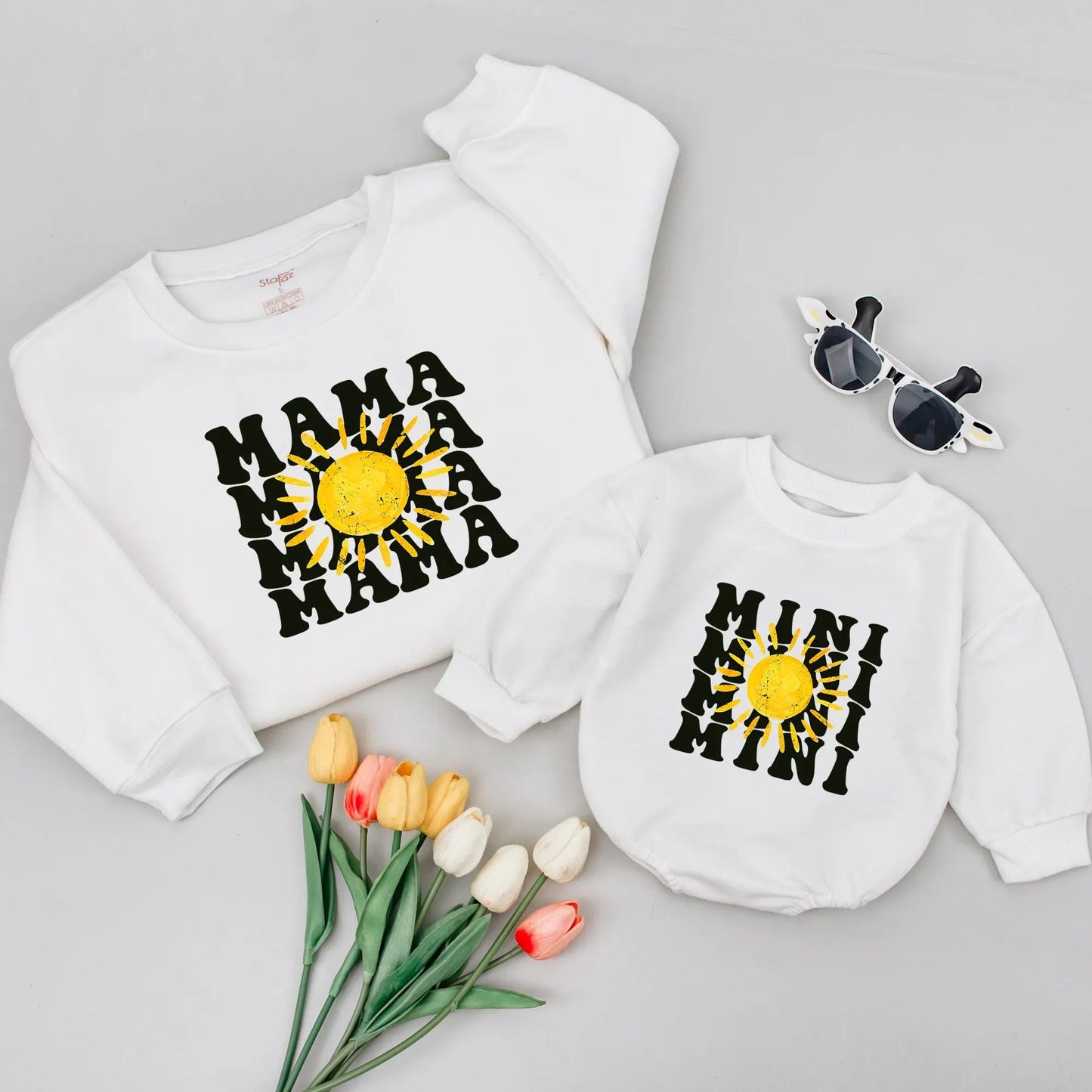 Mama Mini Sunshine Sweatshirt Set Matching Retro Mother Daughter Outfits Cute Sunshine Gift for Mom Mama