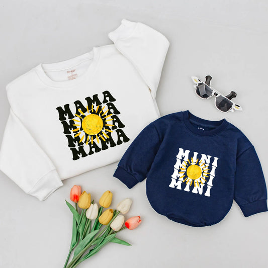 Mama Mini Sunshine Sweatshirt Set Matching Retro Mother Daughter Outfits Cute Sunshine Gift for Mom Mama