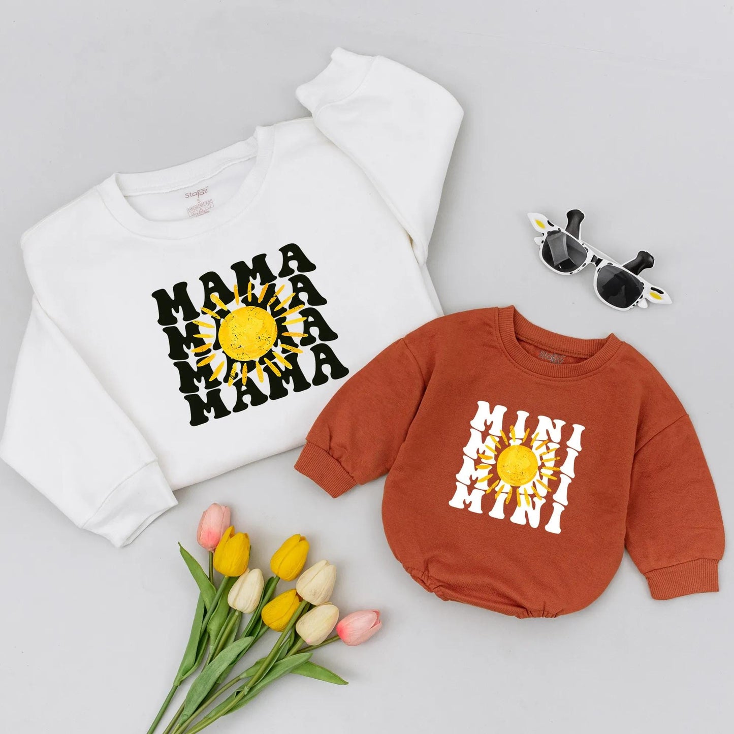 Mama Mini Sunshine Sweatshirt Set Matching Retro Mother Daughter Outfits Cute Sunshine Gift for Mom Mama