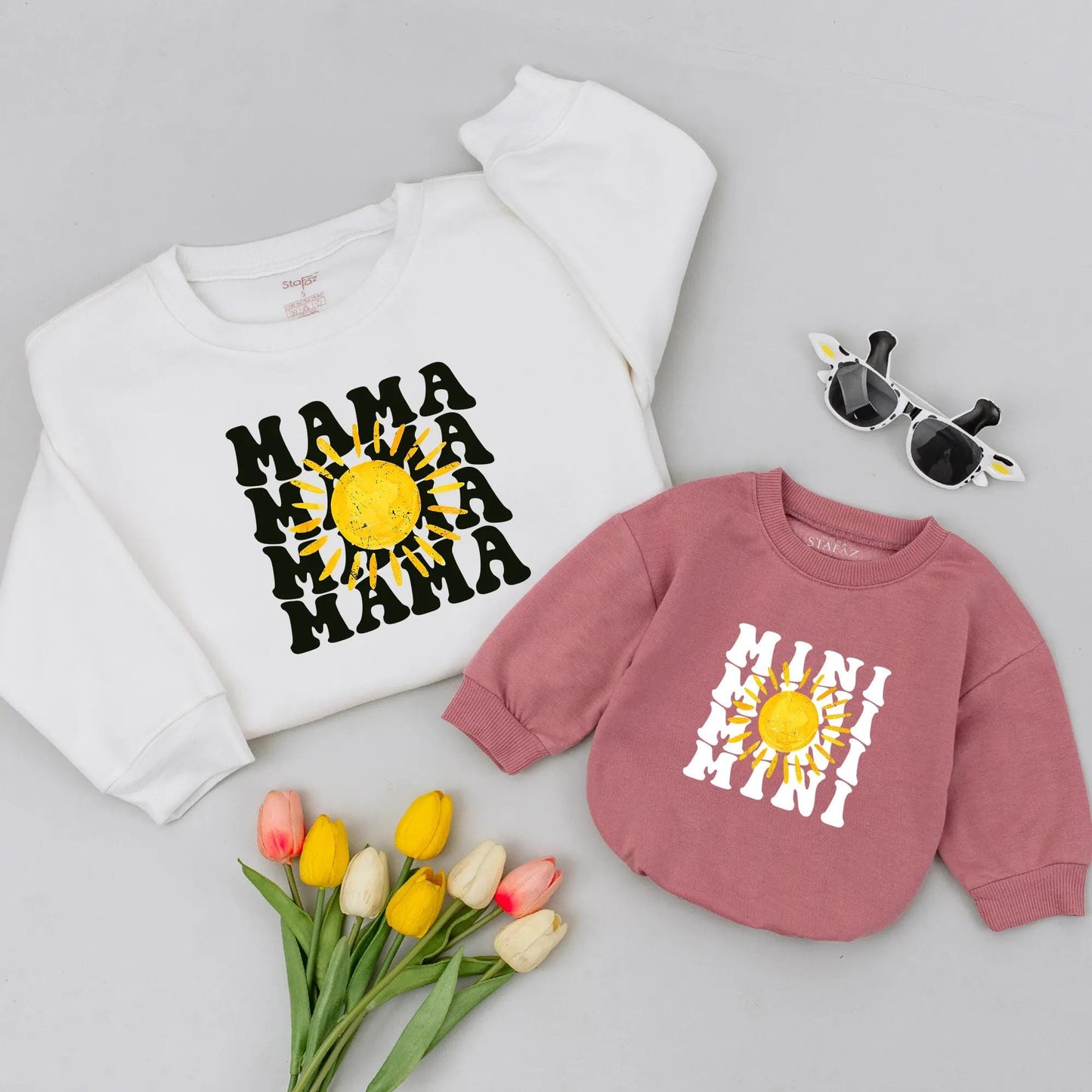 Mama Mini Sunshine Sweatshirt Set Matching Retro Mother Daughter Outfits Cute Sunshine Gift for Mom Mama