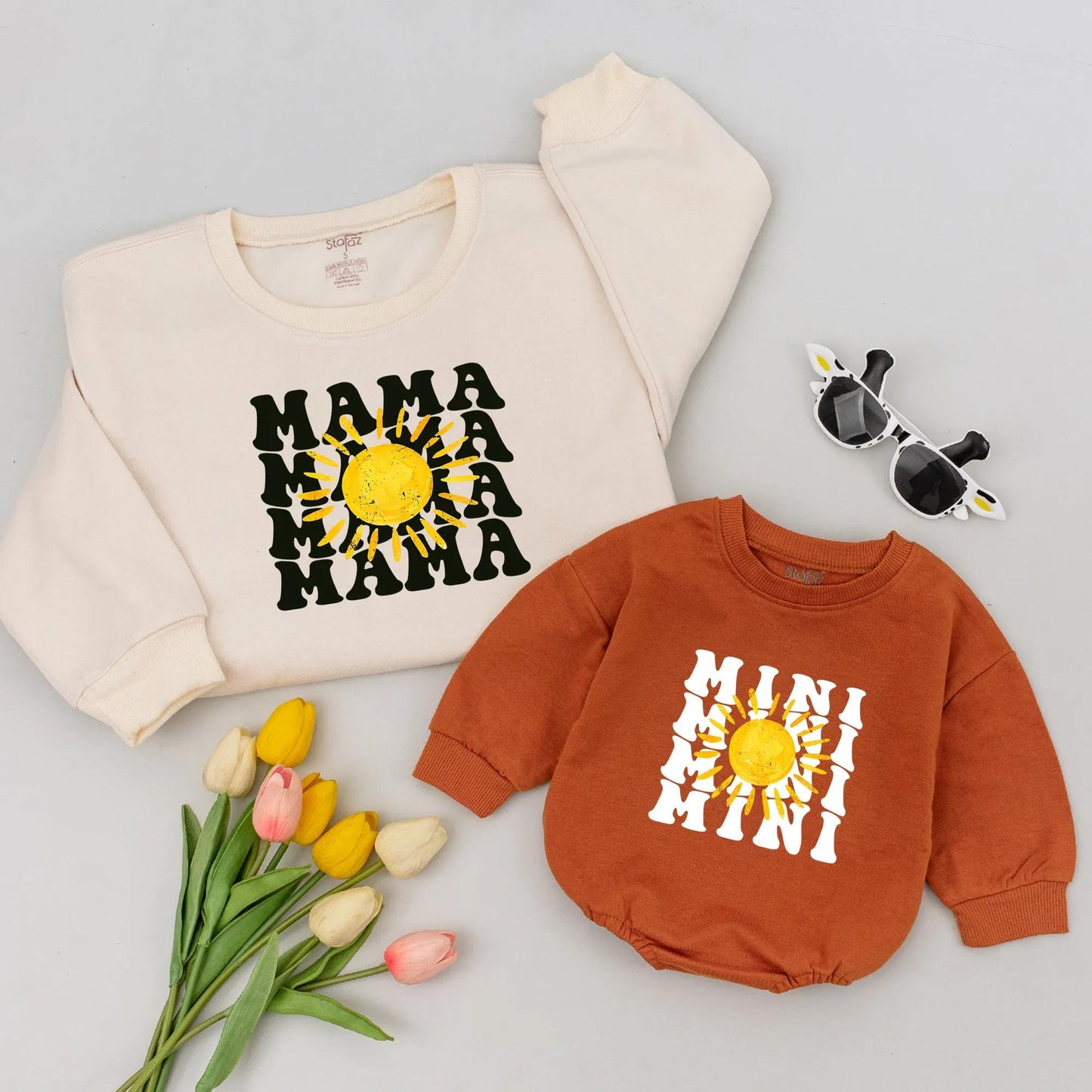 Mama Mini Sunshine Sweatshirt Set Matching Retro Mother Daughter Outfits Cute Sunshine Gift for Mom Mama