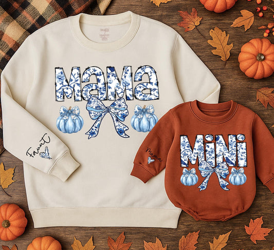 Mama Mini Matching Chinoiserie Floral Sweatshirts Blue White Pumpkin Bow Vintage Fall Mom Daughter Retro Halloween Thanksgiving Clothes