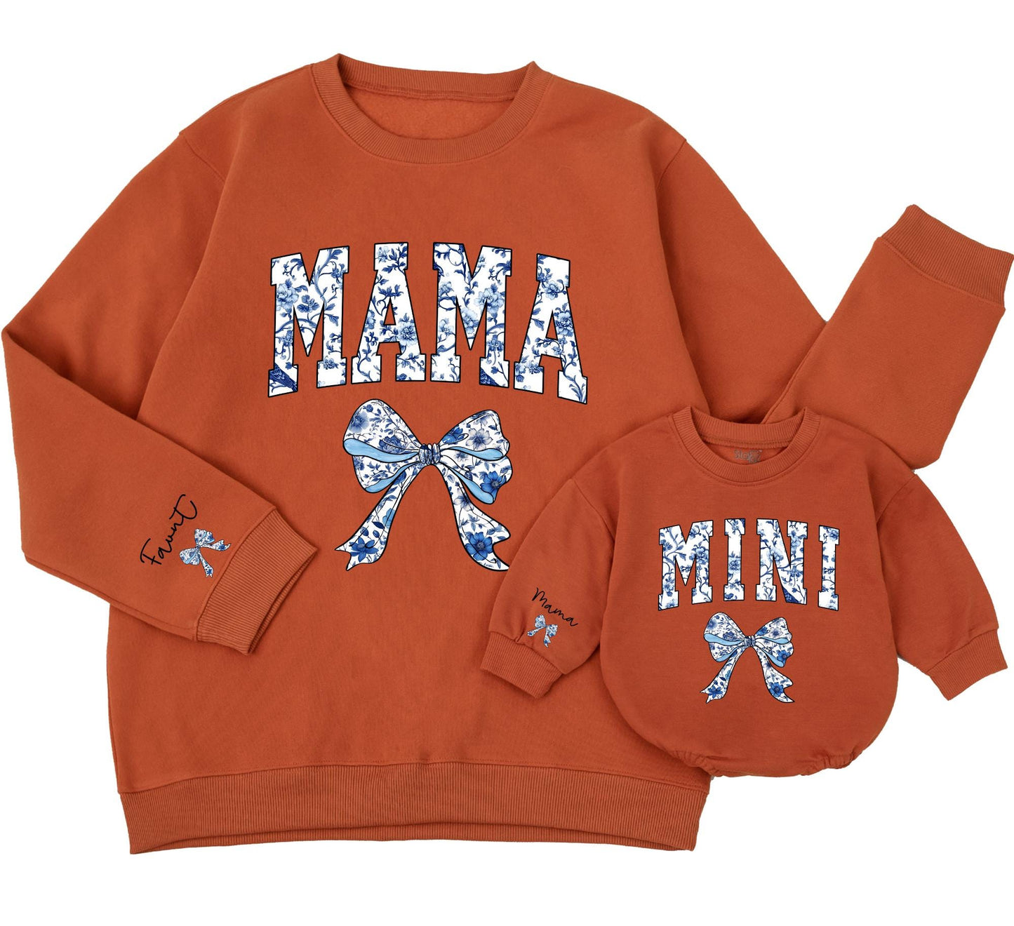 Mama and Mini Matching Sweatshirts, Chinoiserie Floral Bows, Custom Name Sleeve, Mommy and Me Outfit, Blue Baby Romper, Retro Mom Clothes, Family Style (138 chars)