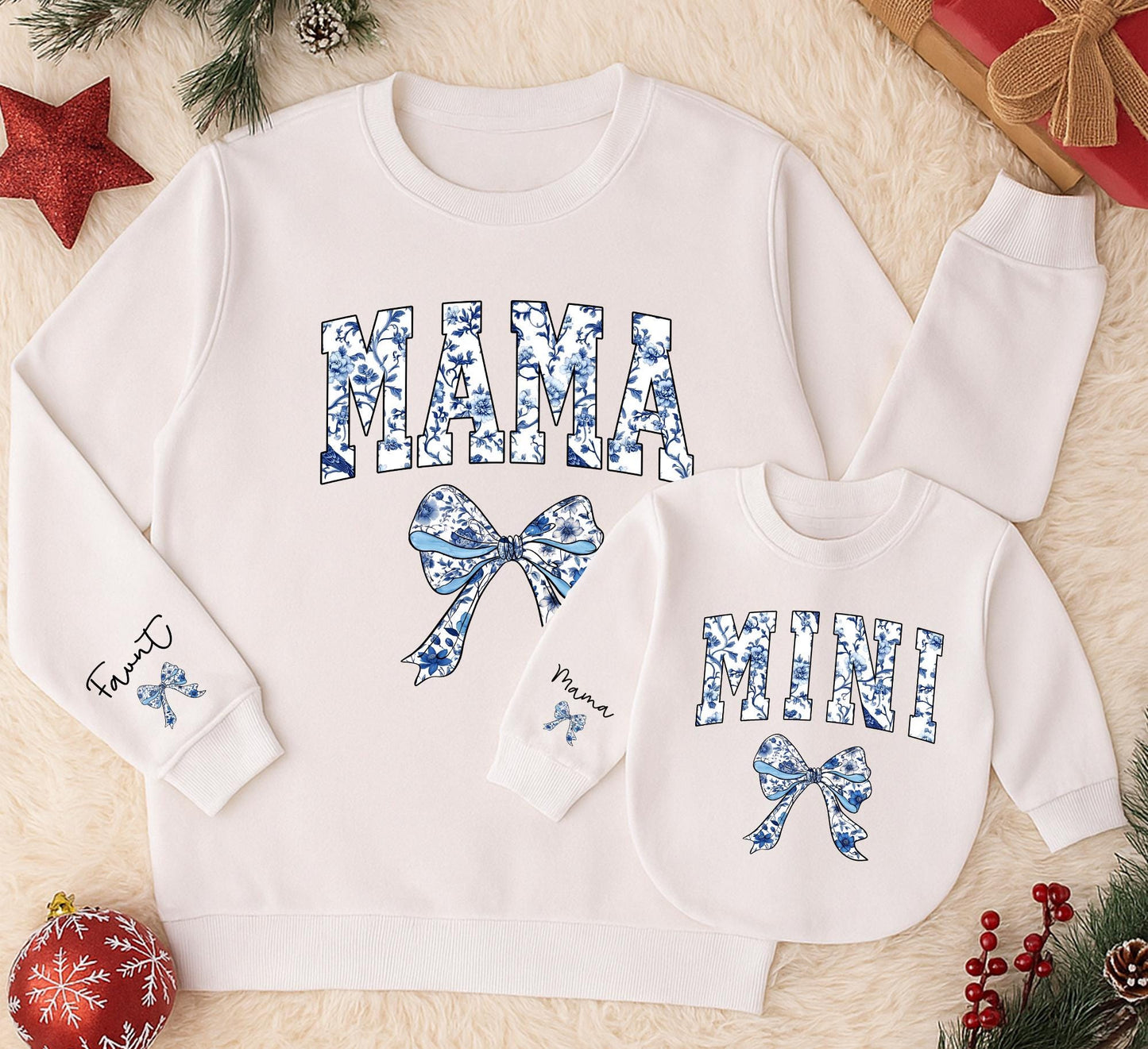 Mama and Mini Matching Sweatshirts, Chinoiserie Floral Bows, Custom Name Sleeve, Mommy and Me Outfit, Blue Baby Romper, Retro Mom Clothes, Family Style (138 chars)