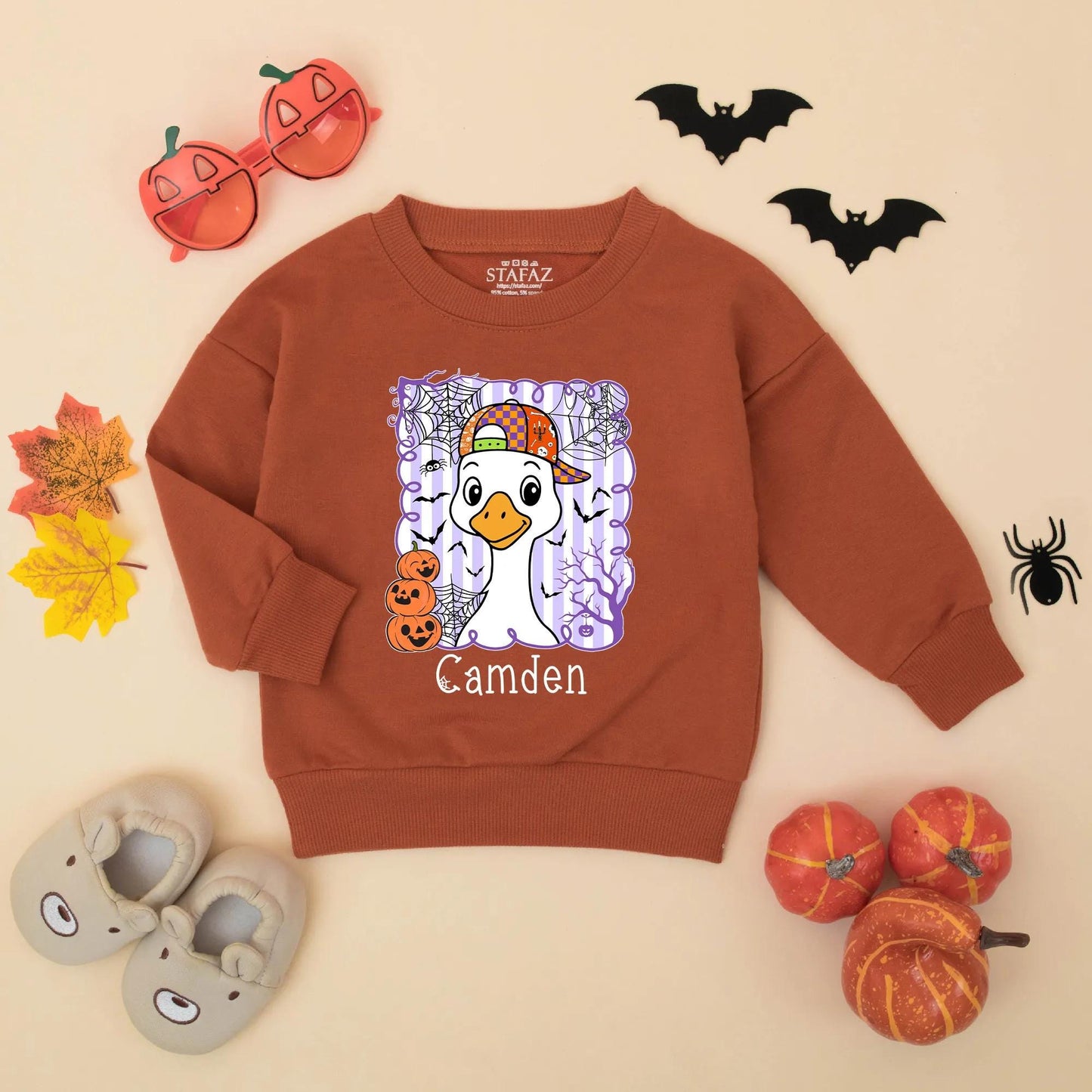 Personalized Halloween Goose Matching Sweatshirts for Siblings Cute Cartoon Pumpkin Spooky Sibling Outfit Custom Halloween Gift Idea