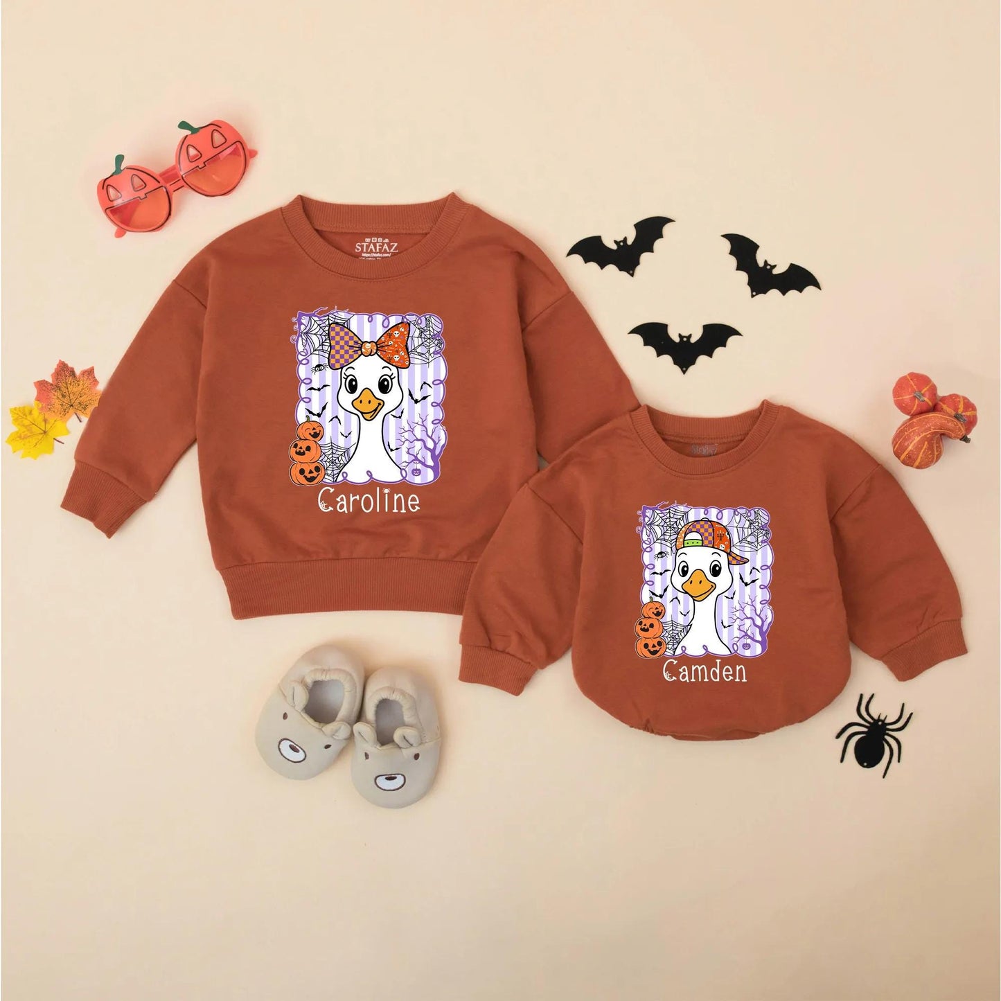 Personalized Halloween Goose Matching Sweatshirts for Siblings Cute Cartoon Pumpkin Spooky Sibling Outfit Custom Halloween Gift Idea