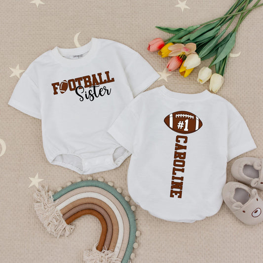 Caroline's #1 Fan Football Sister Baby Bodysuit: Custom Game Day Outfit for Lil' Sis, Cute Sporty Tee, Personalized Football Season Baby Gift Set