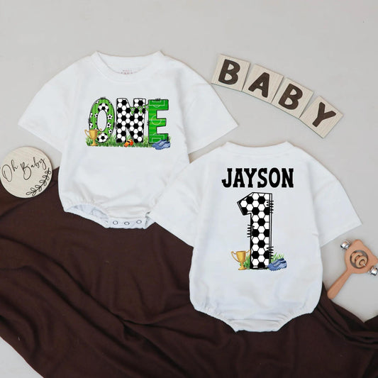 Personalized Soccer 1st Birthday Romper Jayson's Number One Outfit, Custom Name Baby Boy Football Bodysuit, Sports Party Clothes, Baby Shower Gift (137)