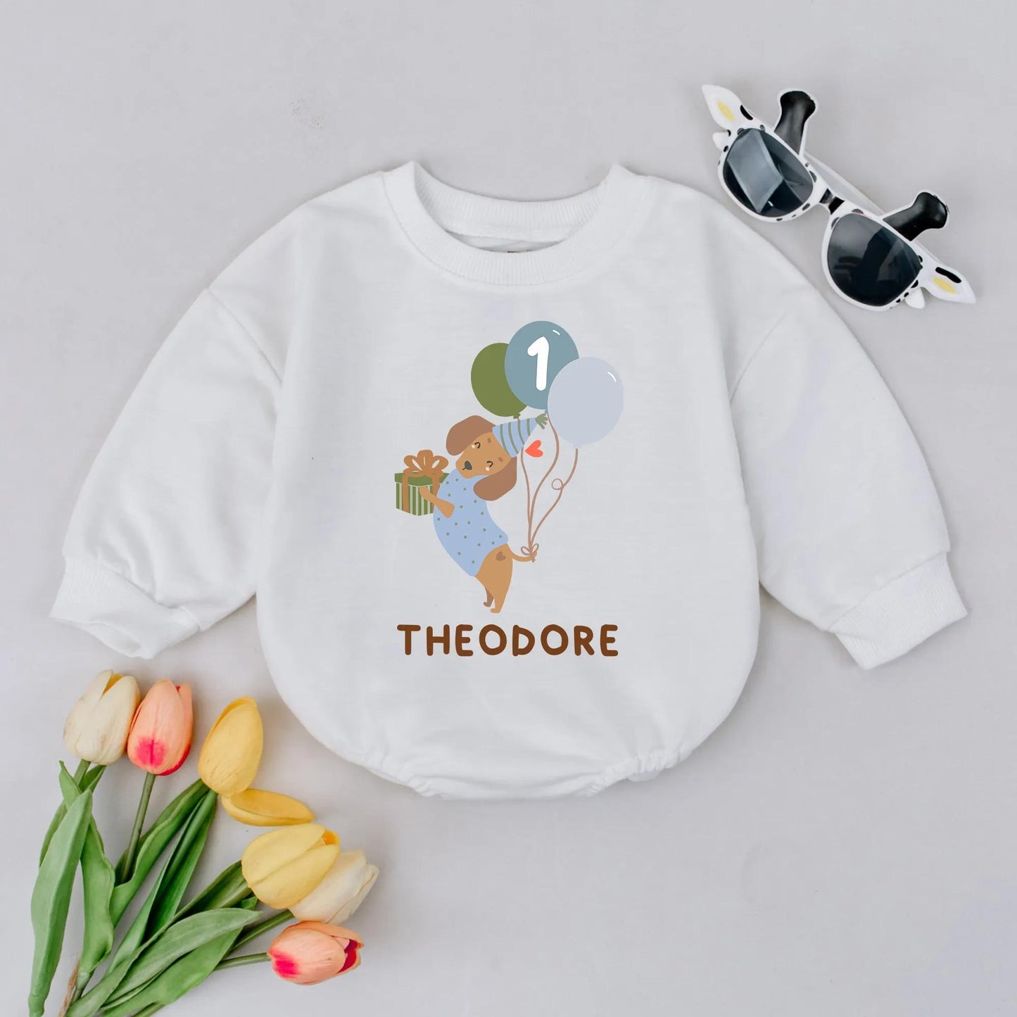 Custom Puppy Dog Birthday Romper Themed for a 1st Birthday with Pastel Balloons One Year Old Outfit for Baby Boys or Girls Personalized Gift