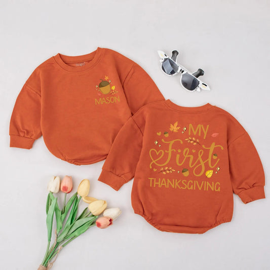 Personalized My First Thanksgiving Baby Romper with Acorn & Leaves | Custom Name 1st Fall Outfit, Baby Shower Gift