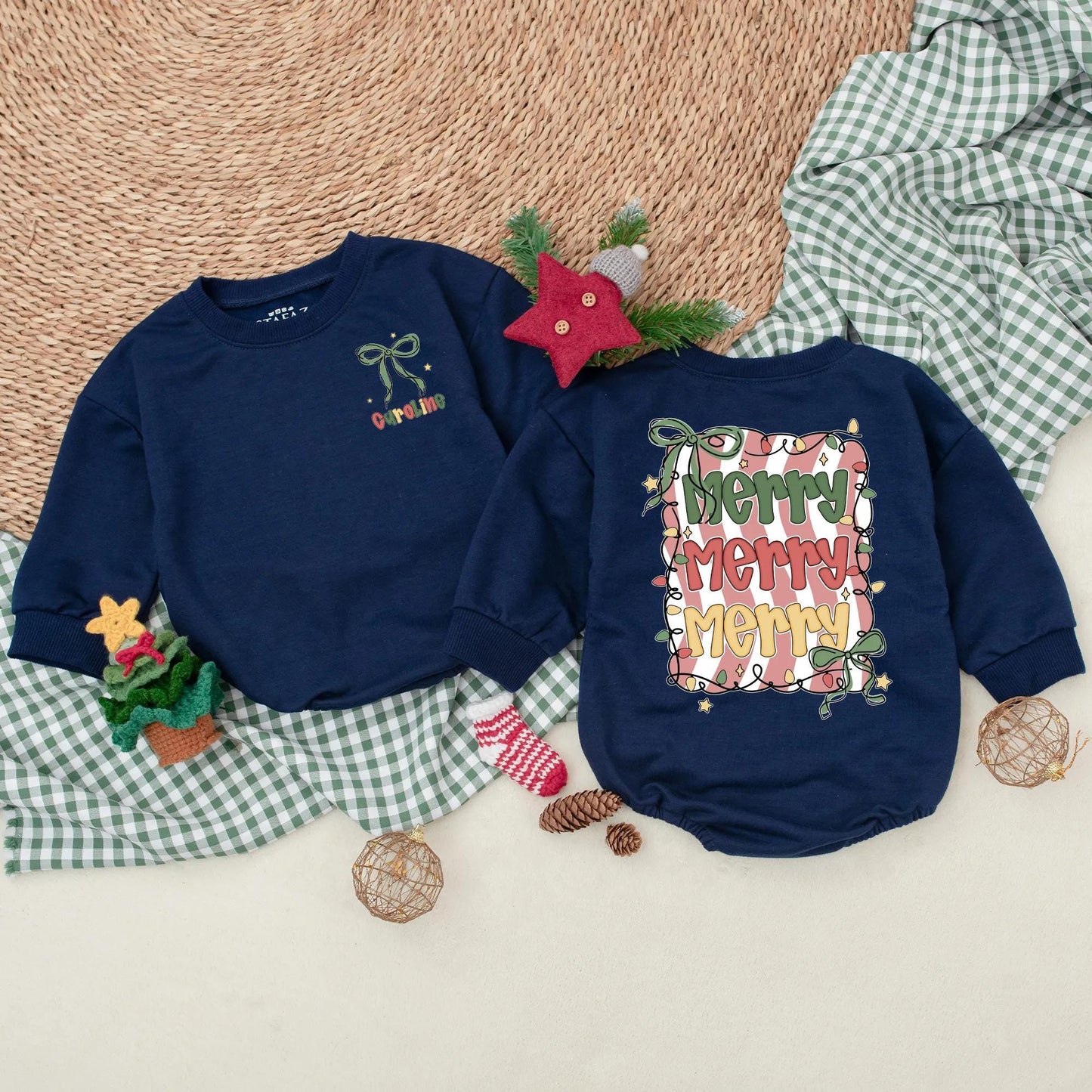 Custom Merry Christmas Baby Romper Green Bow Vintage Lights Red White Stripes Infant Holiday Outfit Baby's First Christmas Gift