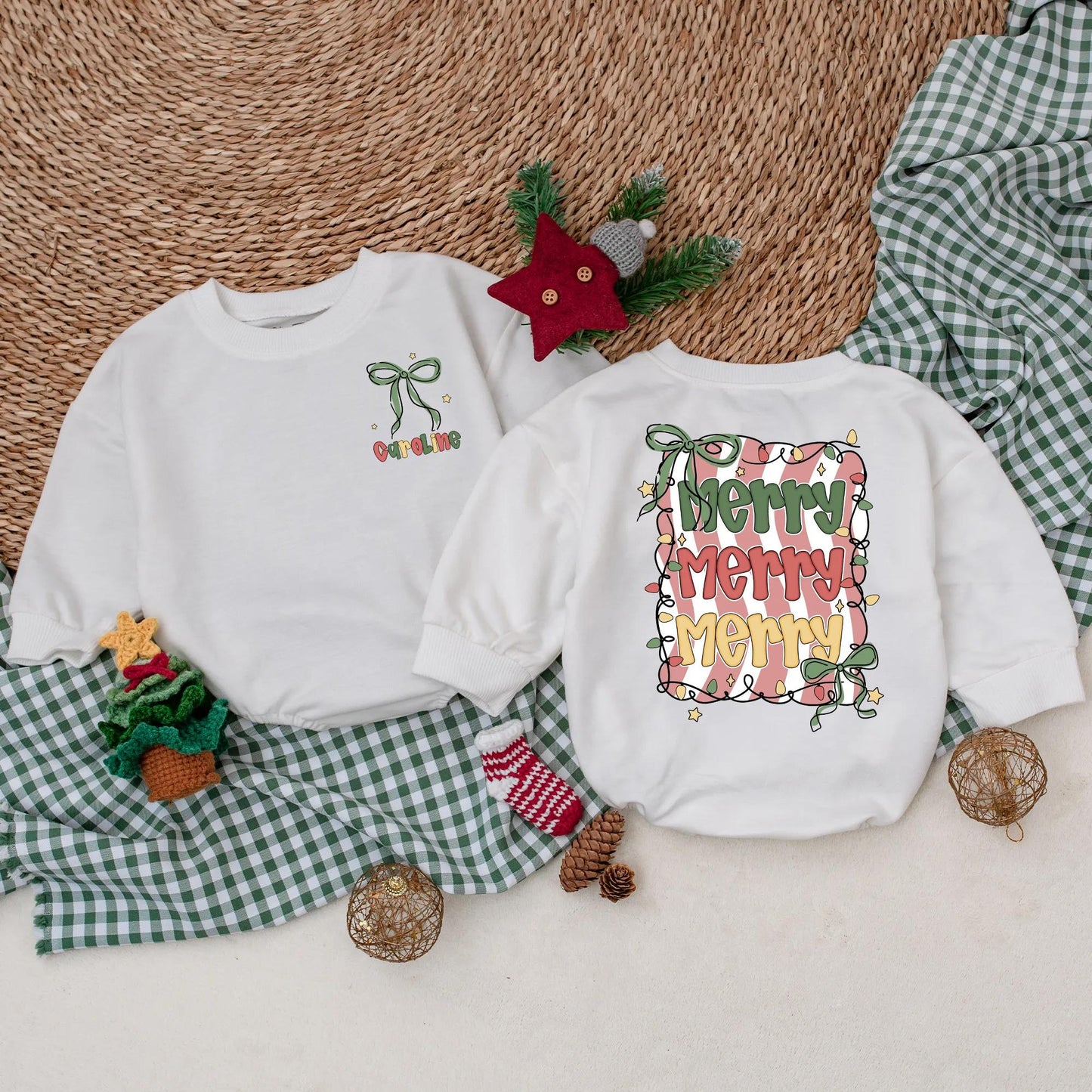 Custom Merry Christmas Baby Romper Green Bow Vintage Lights Red White Stripes Infant Holiday Outfit Baby's First Christmas Gift