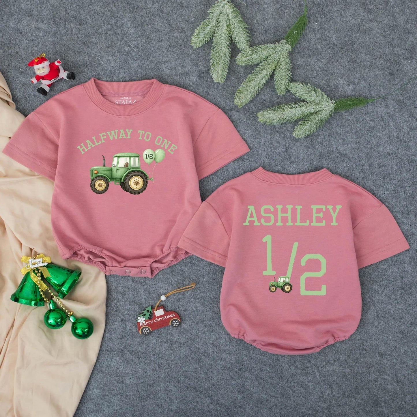 Personalized "Halfway to One" Green Farm Tractor Bubble Romper for Baby Girls & Boys Cute Tractor Birthday Outfit Farm Baby Gift