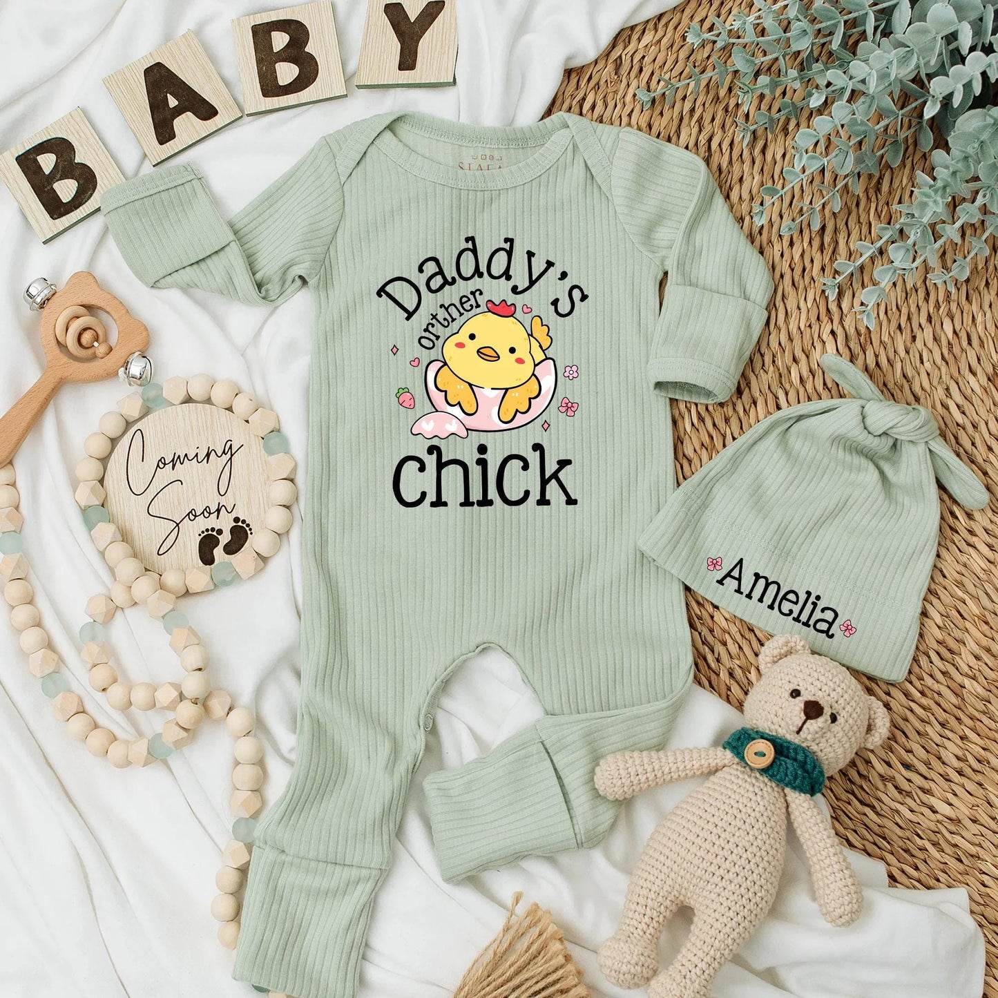 Daddy's Other Chick Baby Girl Bodysuit, Cute Chicken & Cracked Egg Design, Newborn Outfit, Whimsical Baby Shower Gift New Dad Reveal Present