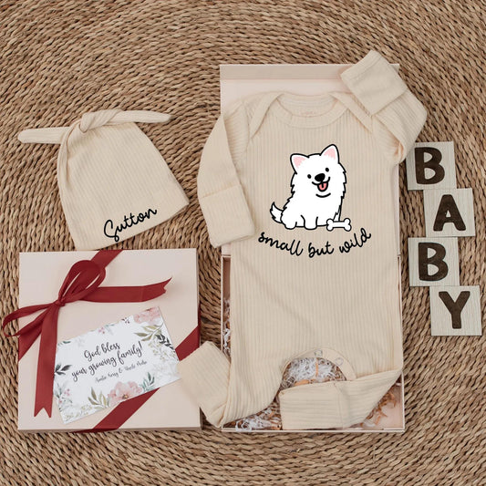 Small But Wild Baby Bodysuit Cute Cartoon Dog Puppy with Tongue Out Happy Expression Black and White Minimalist Playful Design Newborn Outfit