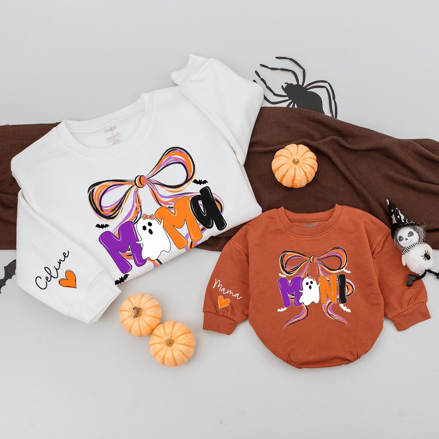 Spooky Mama and Mini Halloween Sweatshirt Matching Bow Ghost Design Custom Mommy and Me Fall Family Outfits