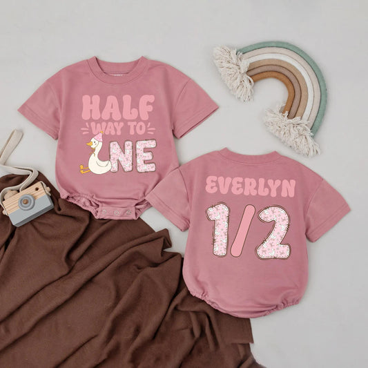 Half Way to One Silly Goose Baby Girl Romper, 6 Month Birthday Outfit, Pink & White Design, Custom Name 1/2 Bodysuit, Milestone Gift