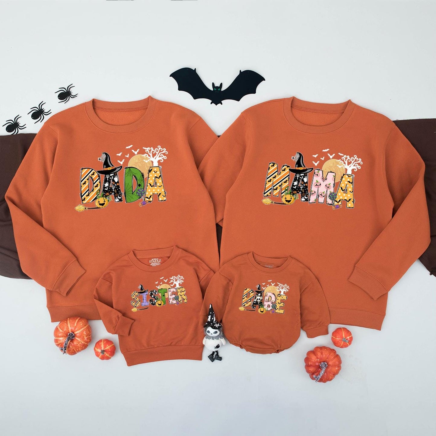 Spooky Family Halloween Sweatshirts Matching Set: Dada, Mama, Sister & Baby in Fun Halloween Prints, Personalized Option Available, Family Spooky Season Sweater