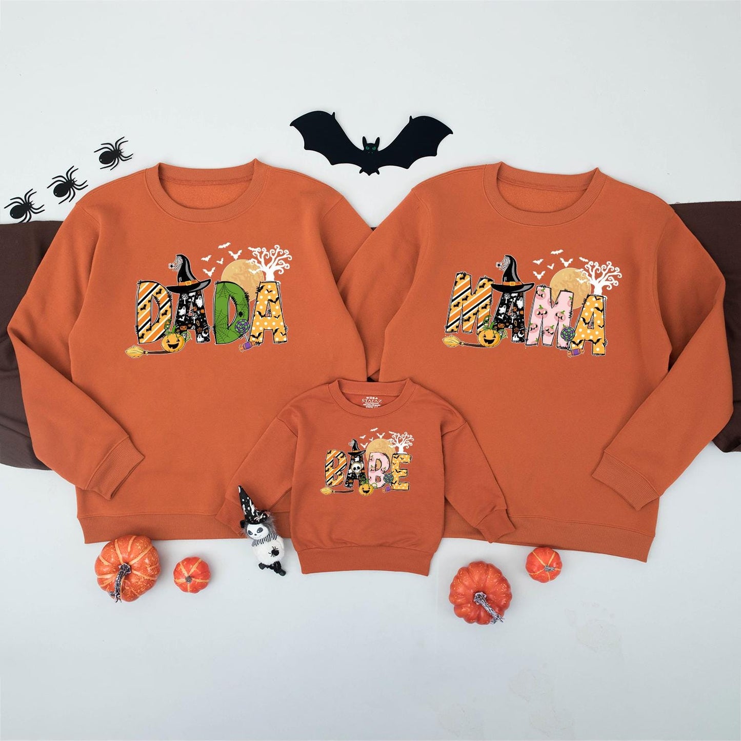 Spooky Family Halloween Sweatshirts Matching Set: Dada, Mama, Sister & Baby in Fun Halloween Prints, Personalized Option Available, Family Spooky Season Sweater