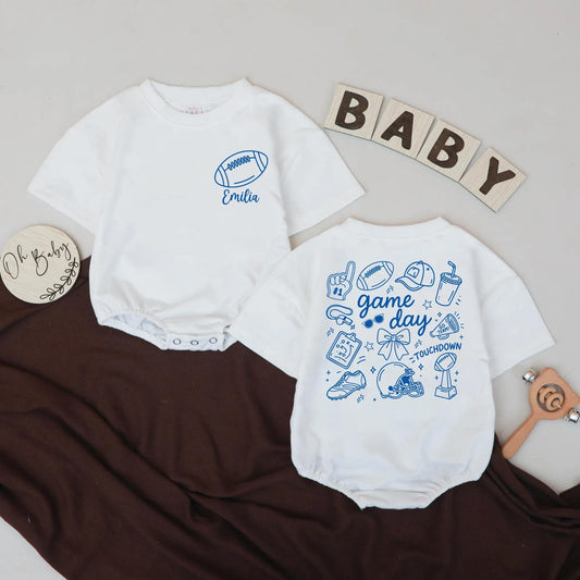 Personalized Football Romper, Game Day Outfit for Baby, Custom Name Touchdown Bodysuit, Hand-Drawn Sports Graphics, Unique Baby Shower Gift Blue 138