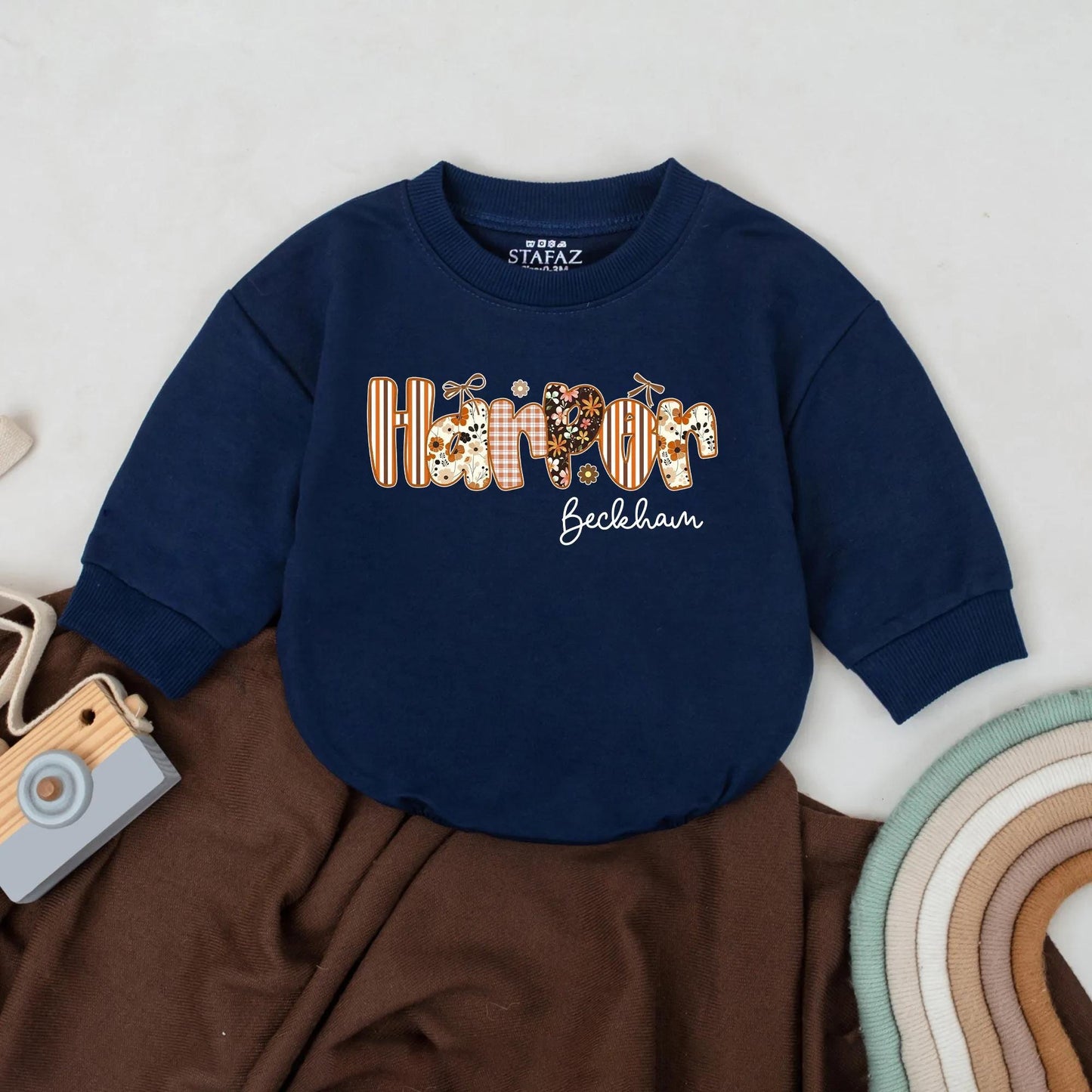 Harper Beckham Retro Fall Girl Romper Custom Pumpkin Floral Baby Outfit First Thanksgiving Toddler Gift Autumn Apparel
