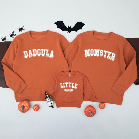 Matching Family Halloween Sweatshirts: Dadcula, Momster, & Little Monster! Spooky Collegiate Style Shirts for a Fun, Festive Family Costume, Comfy & Playful
