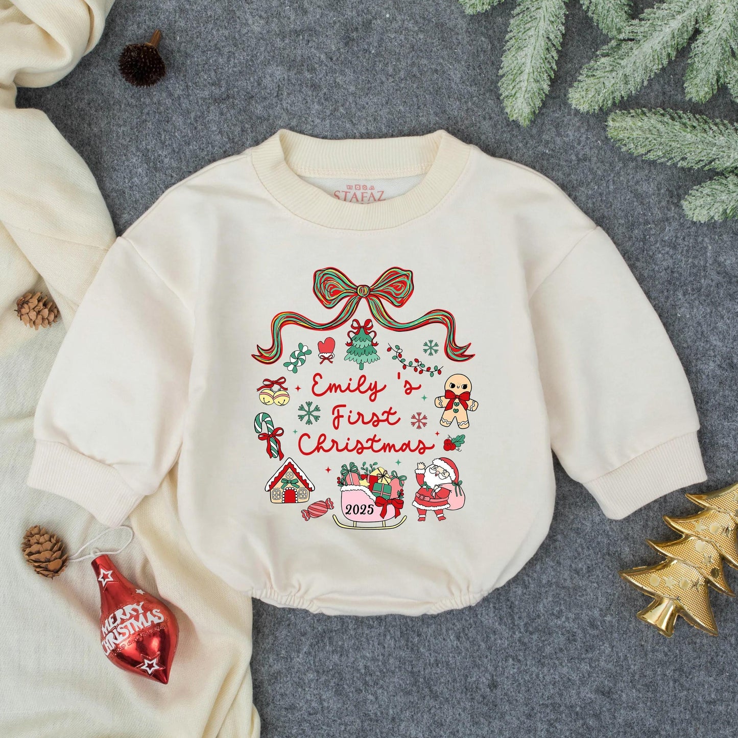 Emily's First Christmas Personalized Baby Bubble Romper Holiday Outfit Red Green Gingerbread Claus Sleigh Festive Fun