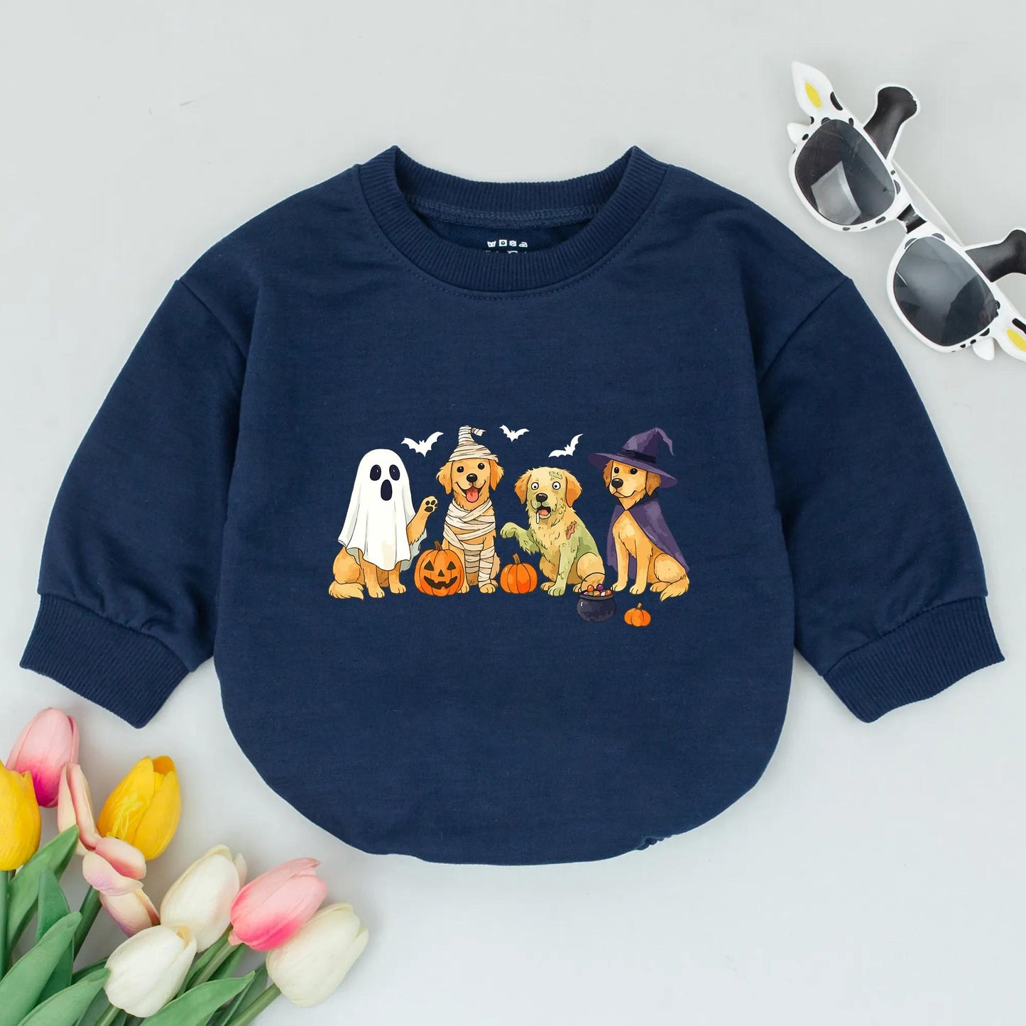 Funny Golden Retriever Ghost Dogs Halloween Toddler Sweatshirt Kids Shirt Baby Bodysuit Romper Outfit Spooky Whimsical Cute Costume