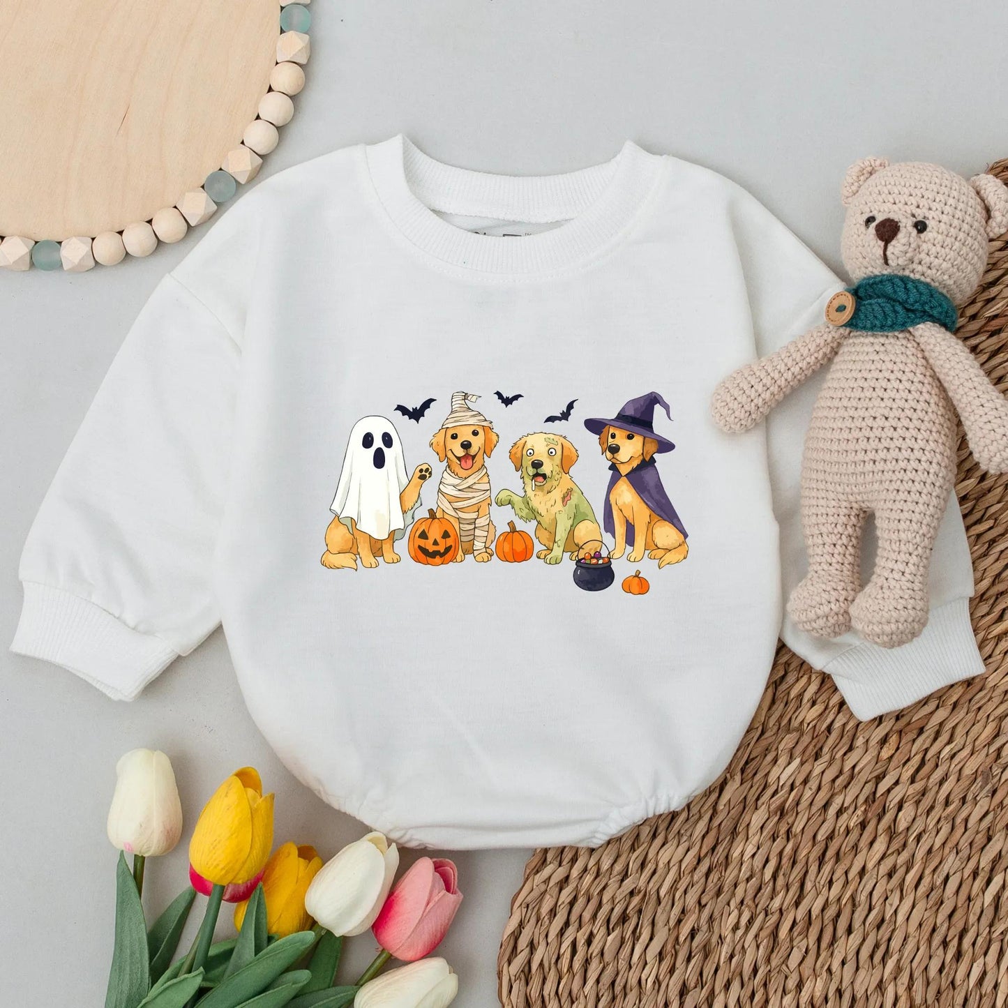 Funny Golden Retriever Ghost Dogs Halloween Toddler Sweatshirt Kids Shirt Baby Bodysuit Romper Outfit Spooky Whimsical Cute Costume