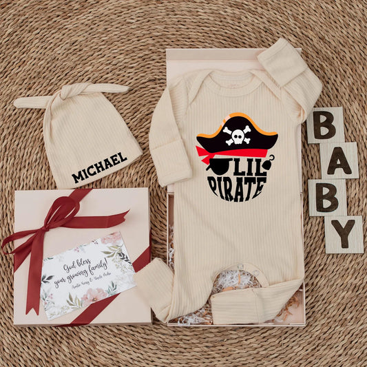Lil Pirate Bodysuit for Baby Boy, Ahoy Matey Newborn Outfit, Skull & Crossbones Coming Home Outfit, Whimsical Baby Shower Gift, Infant Clothes (139 chars)