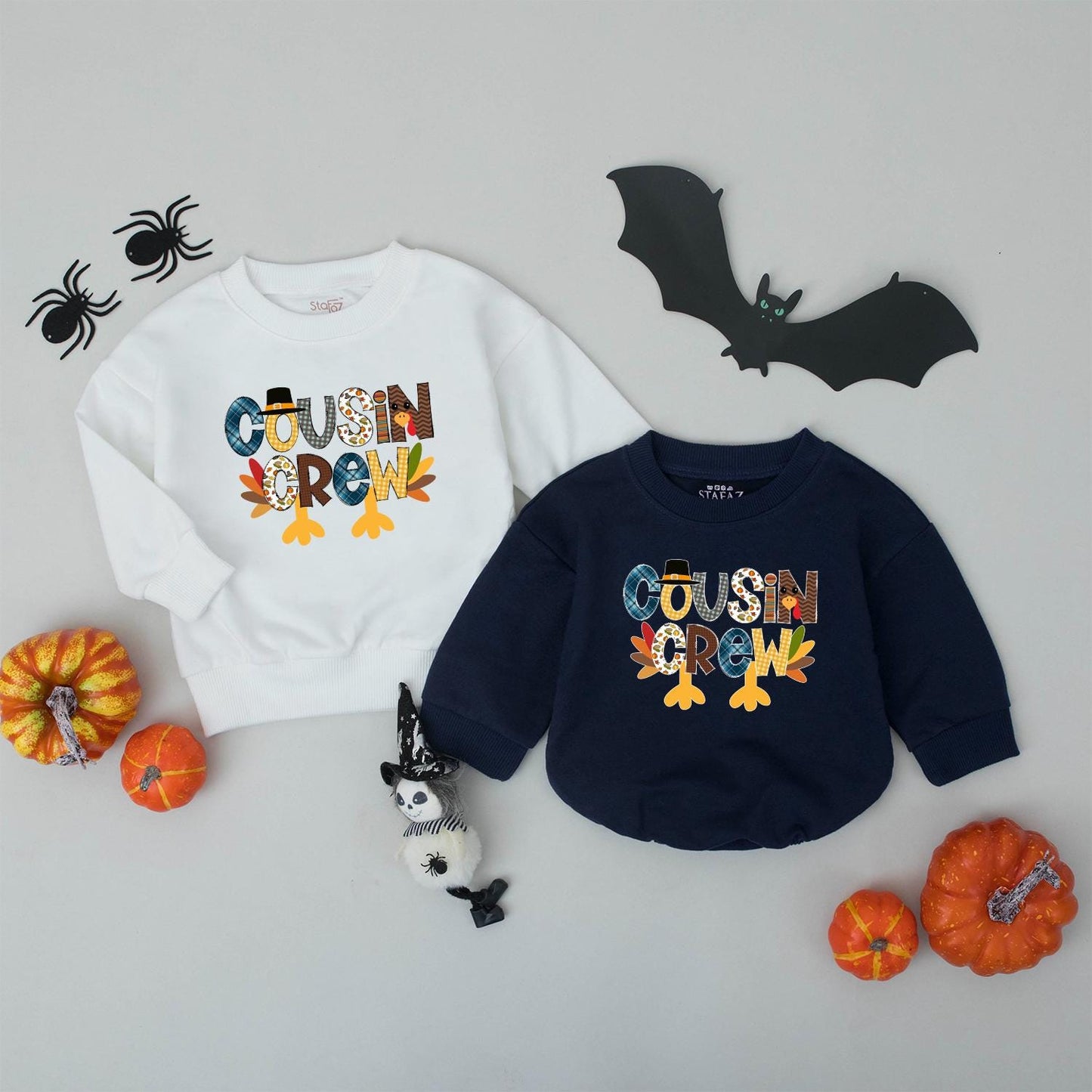 Cousin Crew Thanksgiving Shirt for Kids, Turkey Family Matching Outfit, Blue Plaid, Gingham, & Autumn Leaves Cartoon Design - Fall Thanksgiving Kids