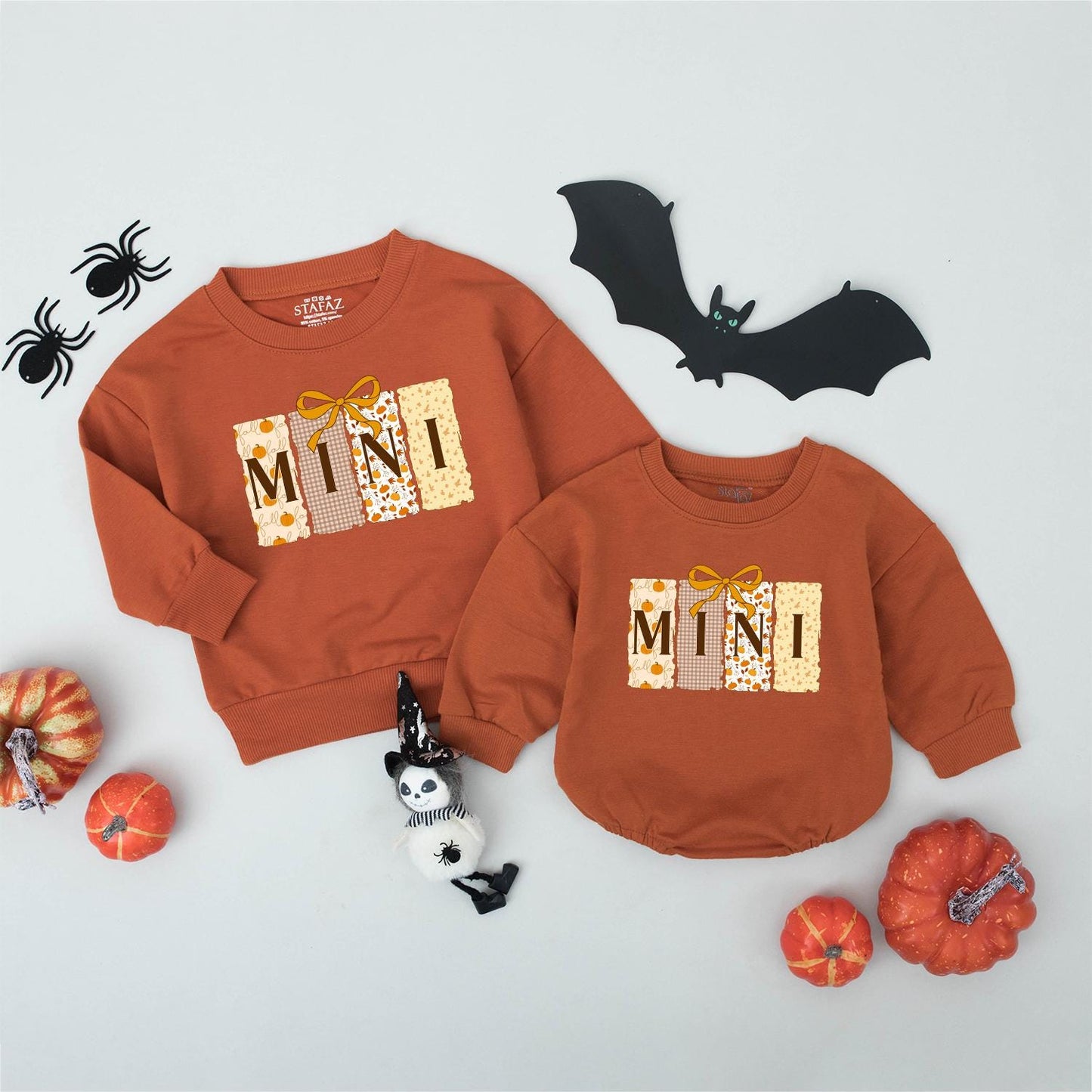 Fall Mama Mini Matching Sweatshirts Pumpkin Patchwork Bow Design Gingham Cream Yellow Shapes Cozy Autumn Apparel Halloween Thanksgiving Family