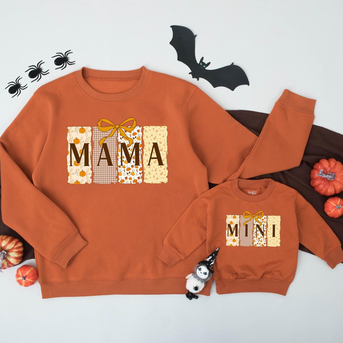Fall Mama Mini Matching Sweatshirts Pumpkin Patchwork Bow Design Gingham Cream Yellow Shapes Cozy Autumn Apparel Halloween Thanksgiving Family