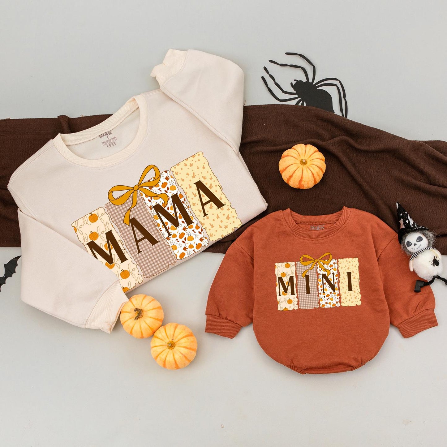Fall Mama Mini Matching Sweatshirts Pumpkin Patchwork Bow Design Gingham Cream Yellow Shapes Cozy Autumn Apparel Halloween Thanksgiving Family