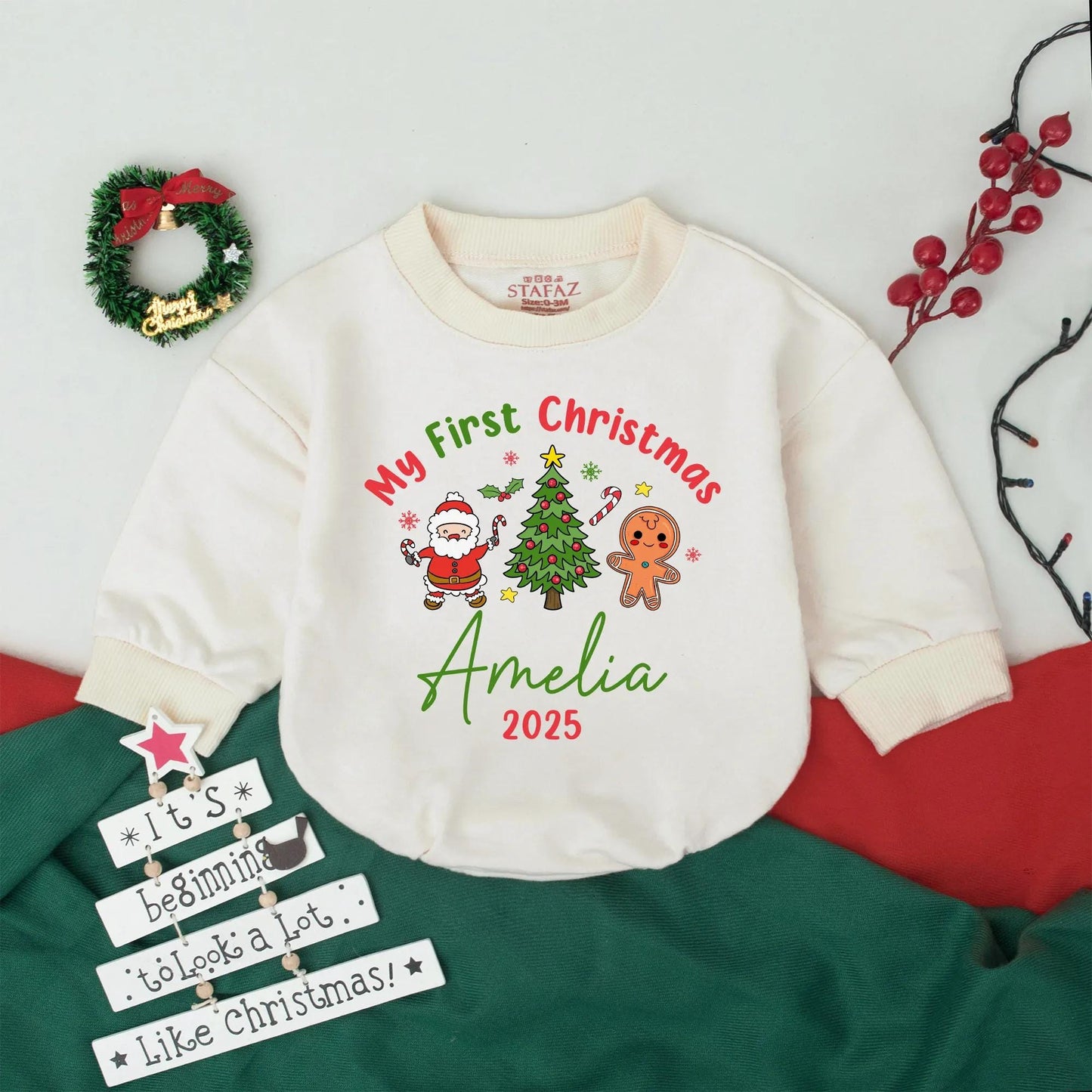 Personalized My First Christmas Bubble Romper Custom Name Year Baby Bodysuit Newborn Outfit Festive Holiday Infant Clothing with Santa, Gingerbread & Stars