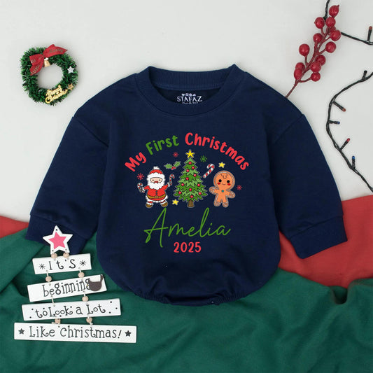 Personalized My First Christmas Bubble Romper Custom Name Year Baby Bodysuit Newborn Outfit Festive Holiday Infant Clothing with Santa, Gingerbread & Stars