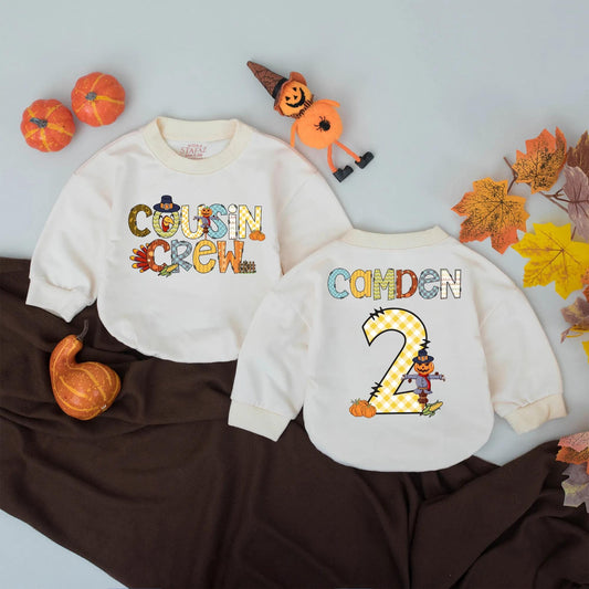 Personalized Cousin Crew Bubble Romper First Thanksgiving Baby Clothes Whimsical Fall Turkey Scarecrow Pumpkin Design Infant Turkey Day Gift