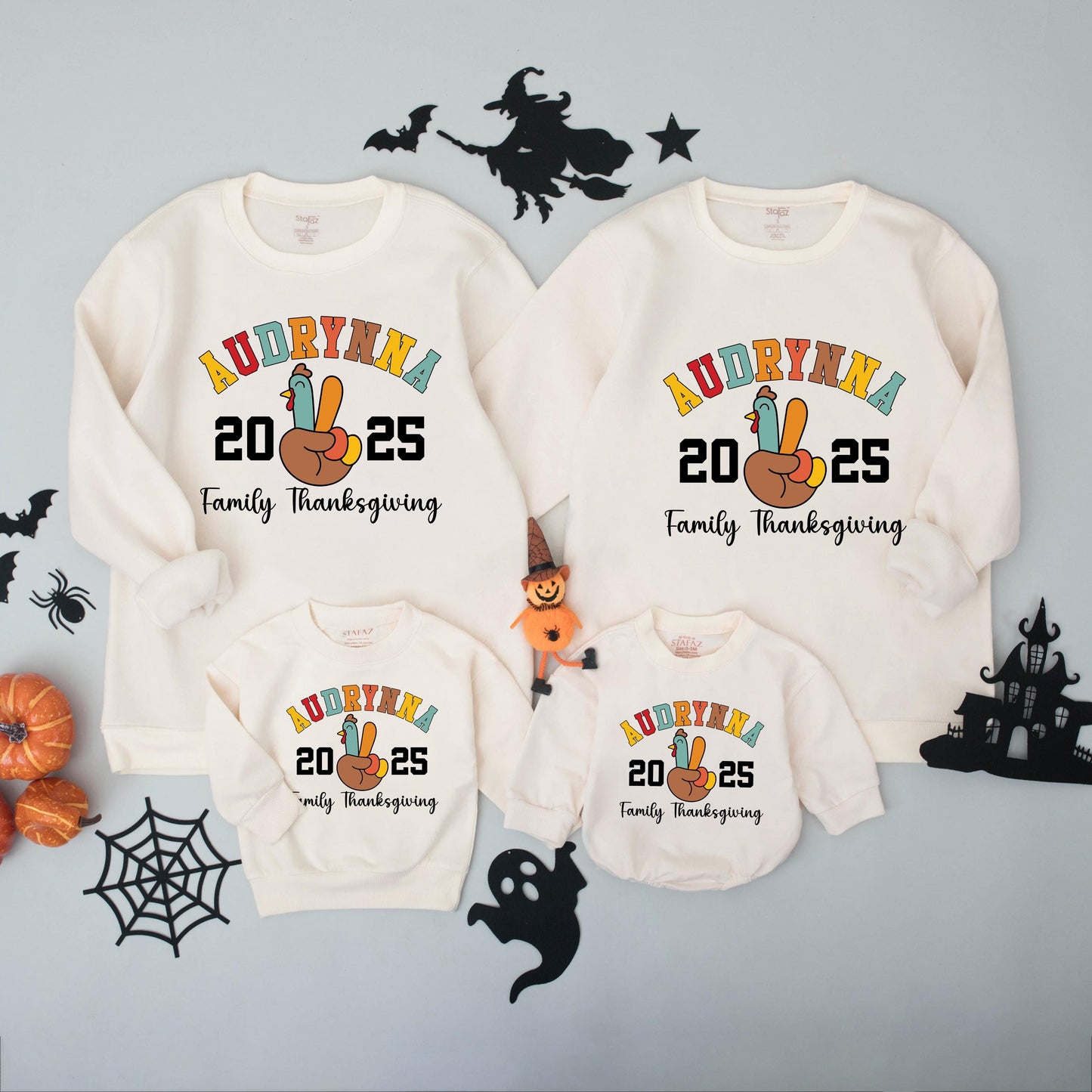 Personalized Thanksgiving Family Matching Shirts: Collegiate Name Peace Turkey 2024 Custom Last Name Tees for Dinner Group Cotton Comfort Colors Fall