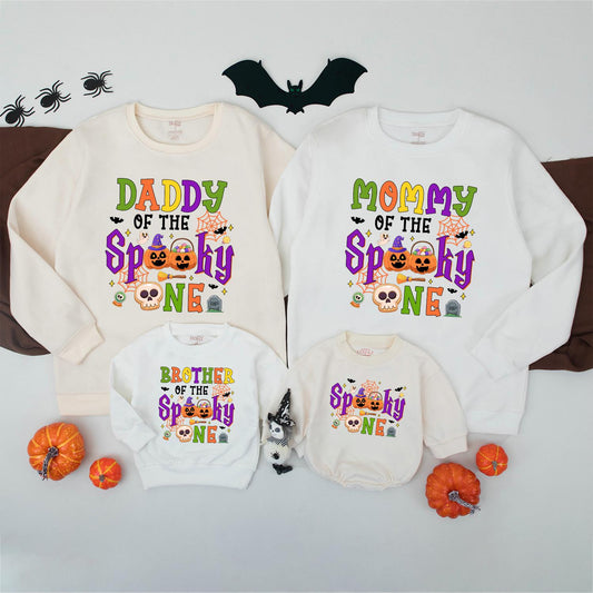 Spooky One Halloween First Birthday Matching Family Sweatshirt for Mom Dad Brother with festive ghosts pumpkins bats and bright colors